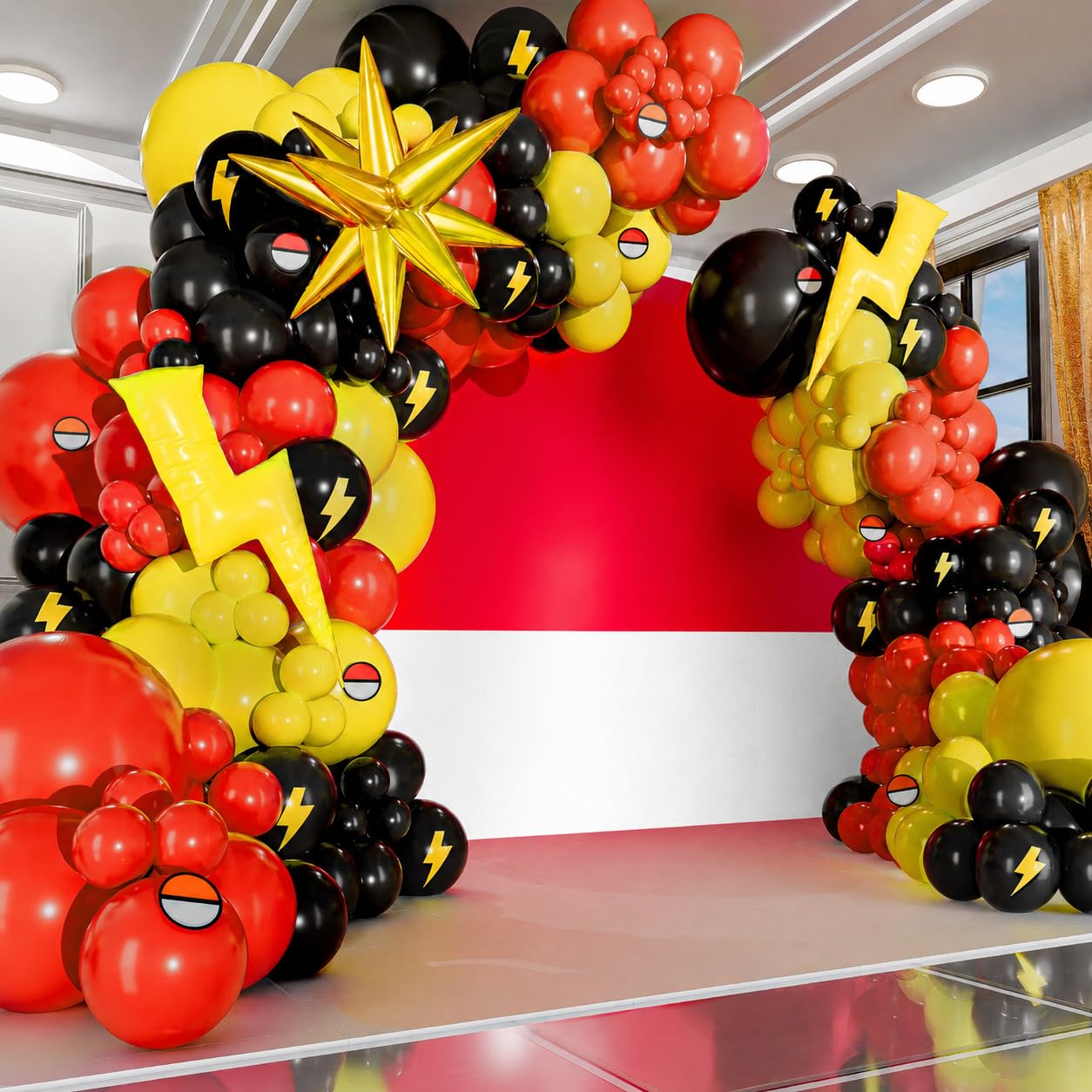 ALL-IN-1 Cartoon Balloon Arch Kit with BONUS Thunder & Starburst Balloons for Poke Birthday Decorations - Red Black Yellow Balloons for Poke Cartoon