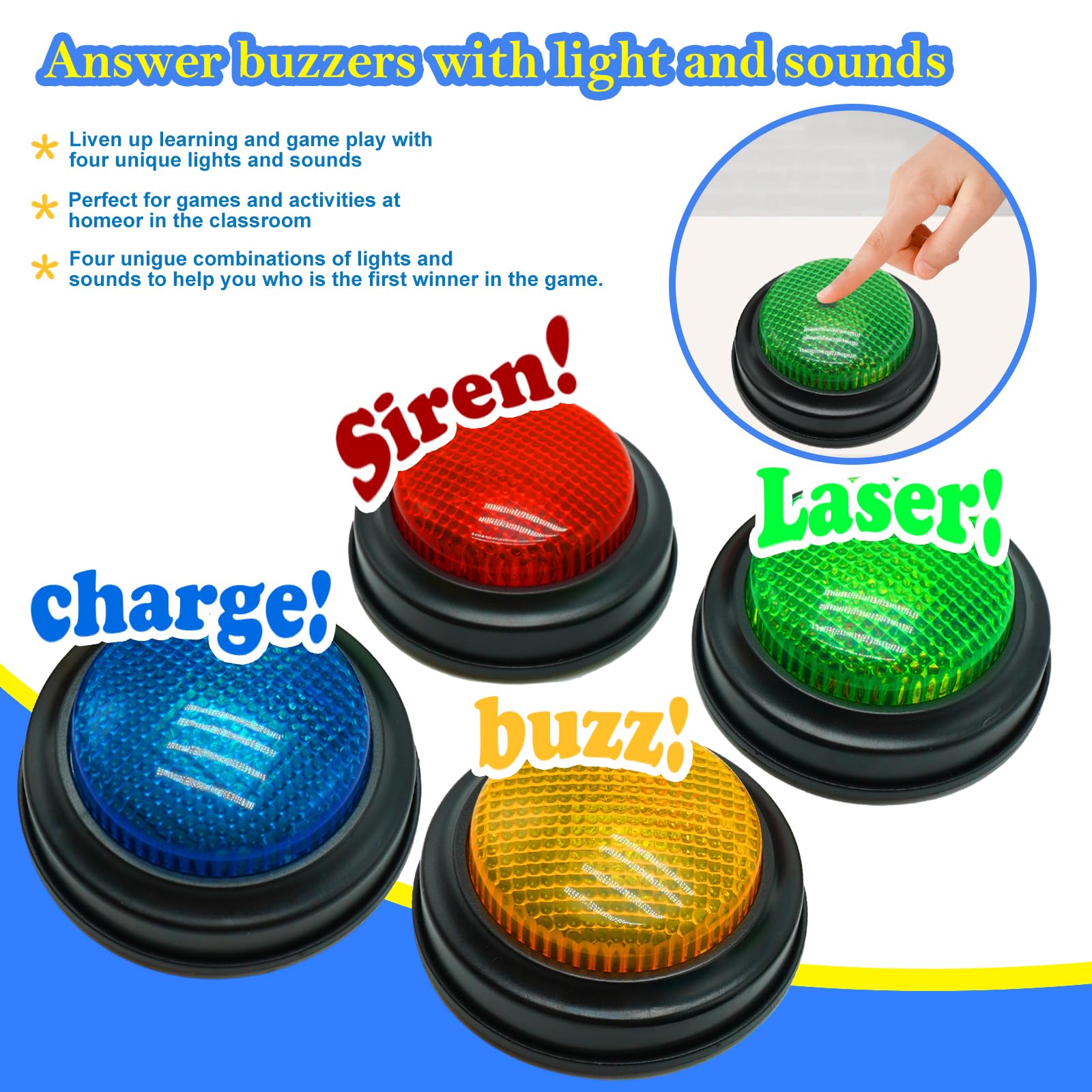 Gelabur Set of 4 Buzzers for Trivia Games, Answer Buzzers for Classroom, Family Feud Jeopardy Buzzer, Game Buzzers with Lights and Sound