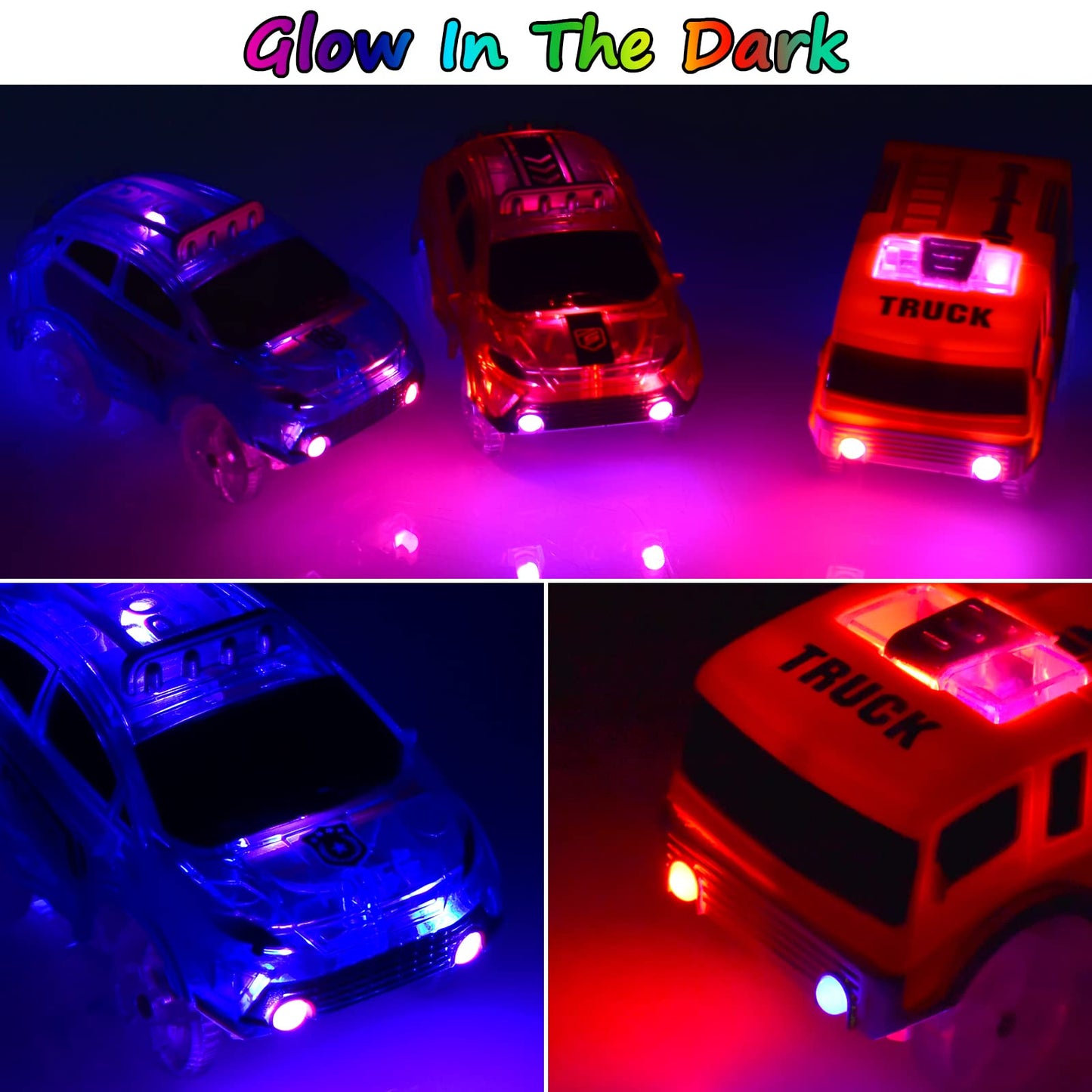 Track Cars Only Replacement Light Up Toy Cars with 5 Flashing LED Lights for Tracks Glow in the Dark, Flex Race Car Track Accessories Compatible