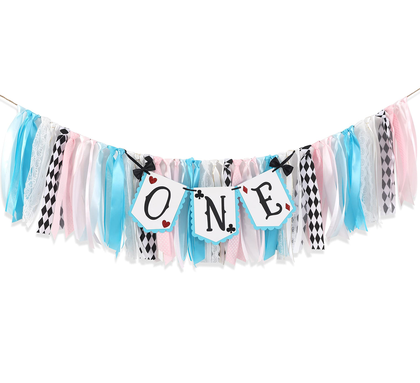 LINLULU Alice in Wonderland Highchair Banner, 1st Birthday Girl Decoration, Blue, 80 inches x 8.75 inches