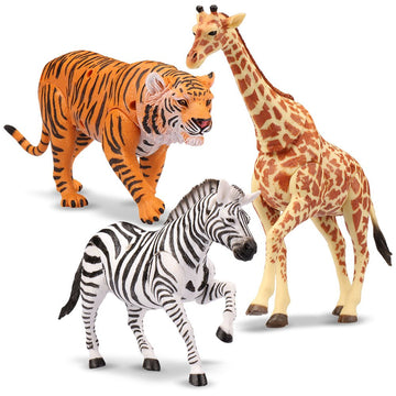 Kid Galaxy 9" Posable Safari Animal Set - Tiger, Zebra, Giraffe 9" (3 Piece), Orange, Yellow, Brown, Black, White