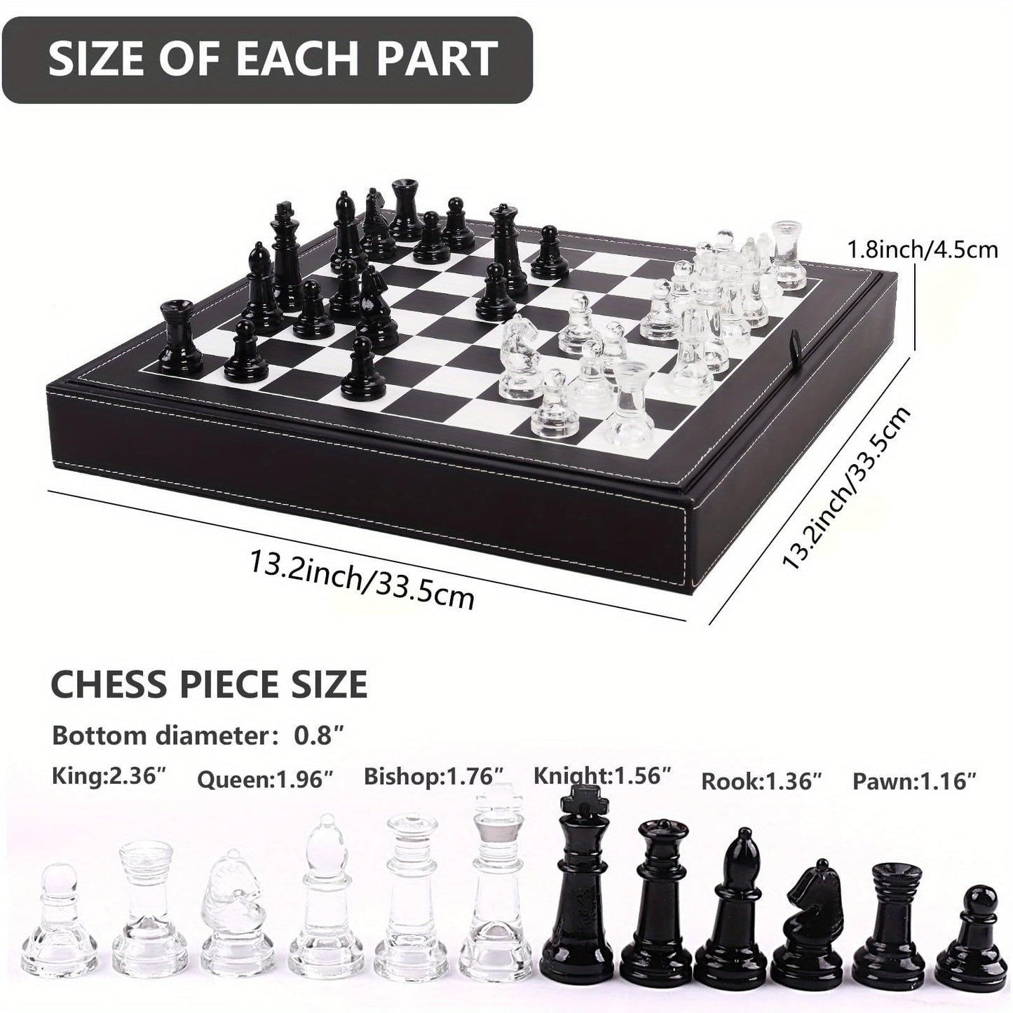 Luxury Glass Chess Set for Adults - 2 Extra Queens, Premium Leather Storage Case with 13.2” Chessboard Elegant Board Game Gift