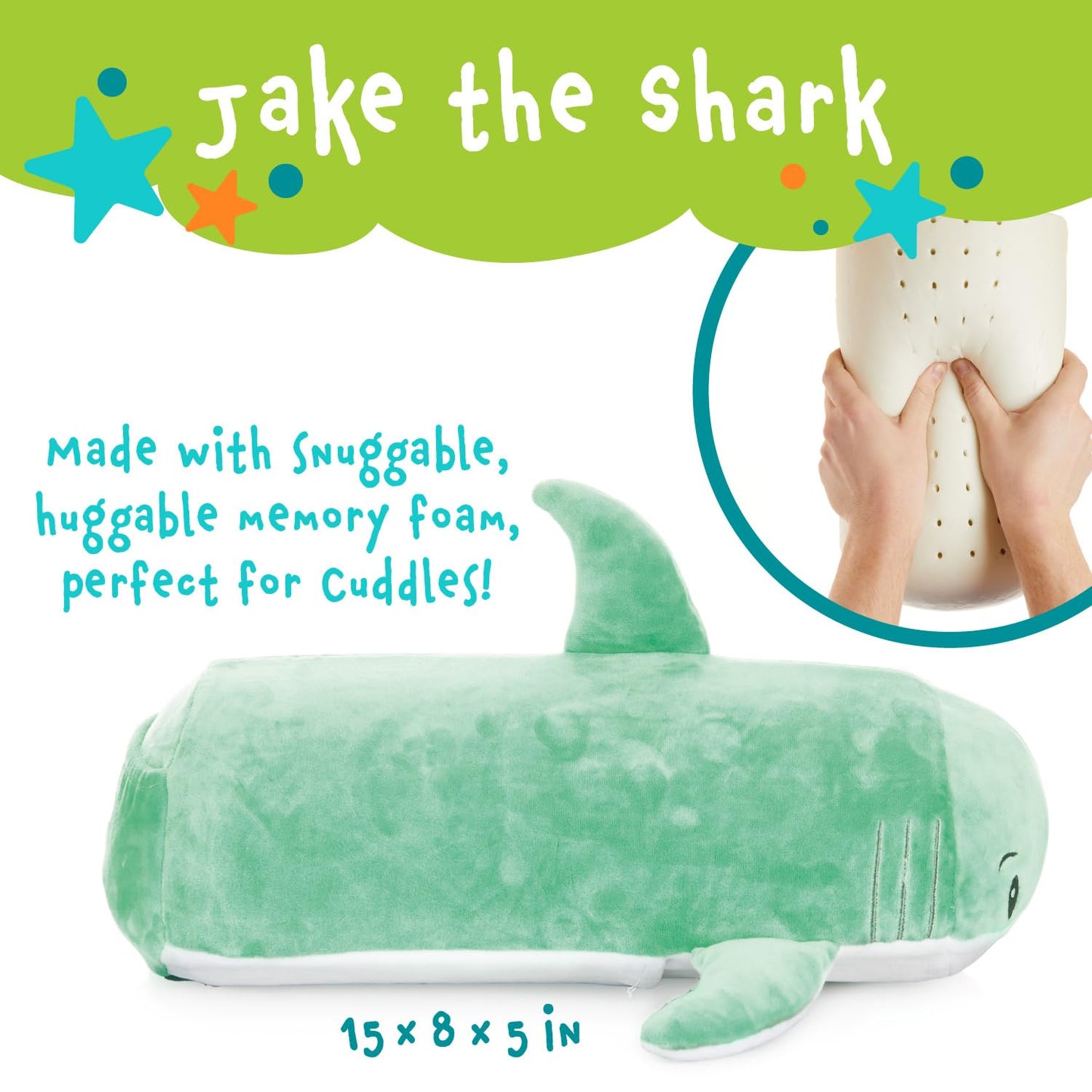 MEMORY MATES Jake the Shark Memory Foam Pillow Plush with Kid's Diary that Stores in Belly Pocket, 15” Stuffed Animal, 6" Journal