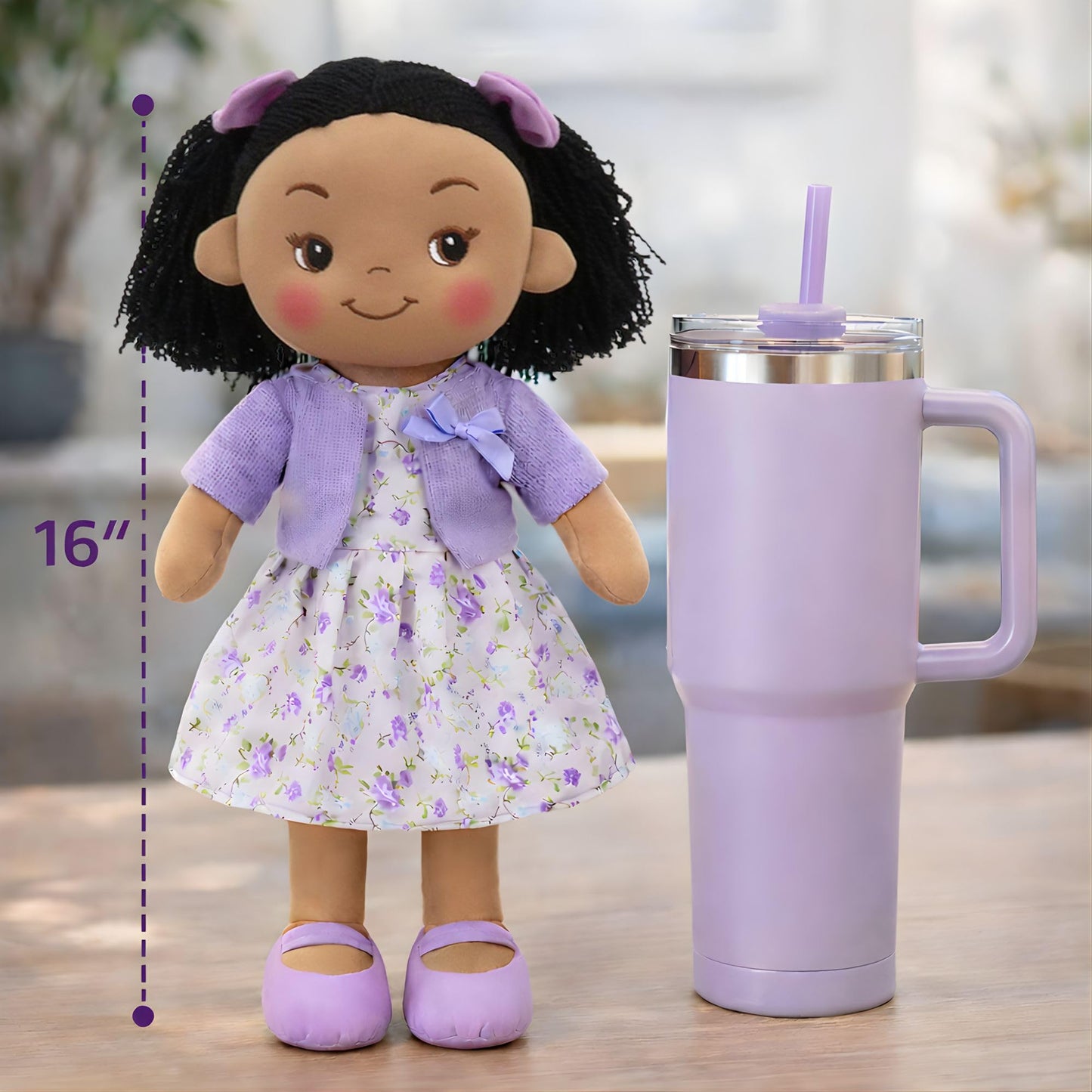 Linzy Toys 16 Inch Purple Hailey Soft Plush Rag Doll for Girls - Adorable Stuffed Sleeping Cuddle Buddy for Toddlers, Infants, Babies - Cute Hug Doll