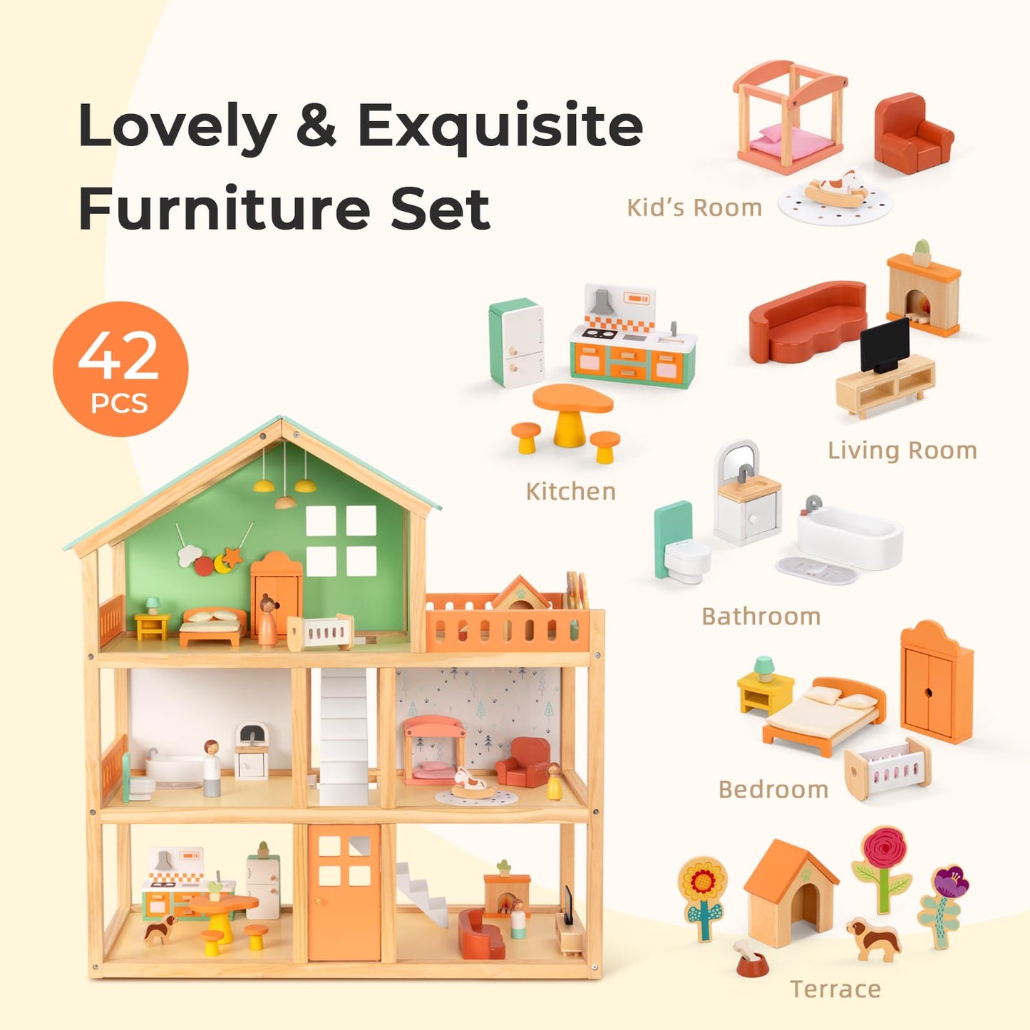 OOOK Large Wooden Dollhouse with 42 Pcs Luxurious Furniture Accessories, 3-Story Doll House 6 Rooms Balcony Wooden Stairs, Ideal Modern Doll House