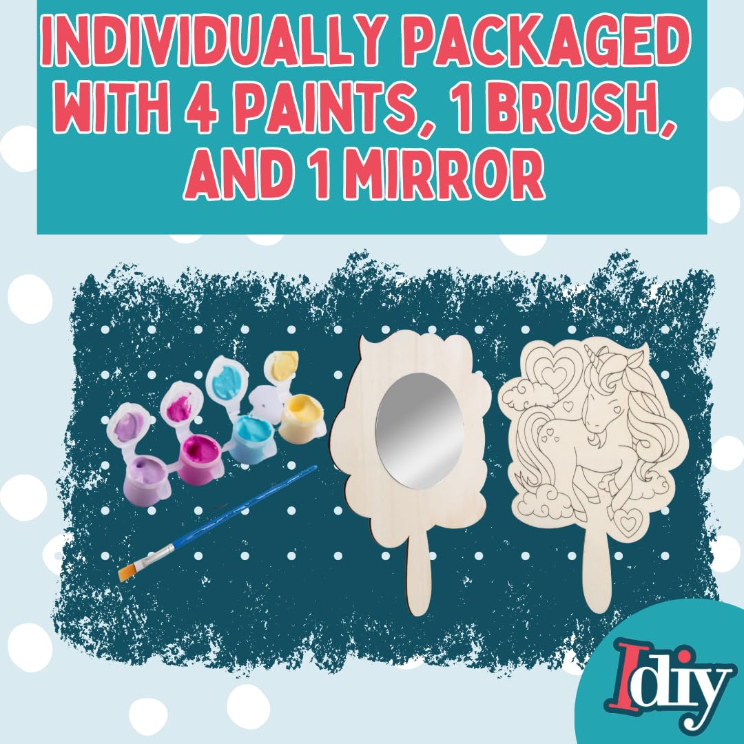 Idiy Paint Your Own Unicorn Mirror Craft Kit for Kids (12 Pack) - 12 Individually Wrapped Wooden Mirrors with Paint Set & Brush for Summer Camp