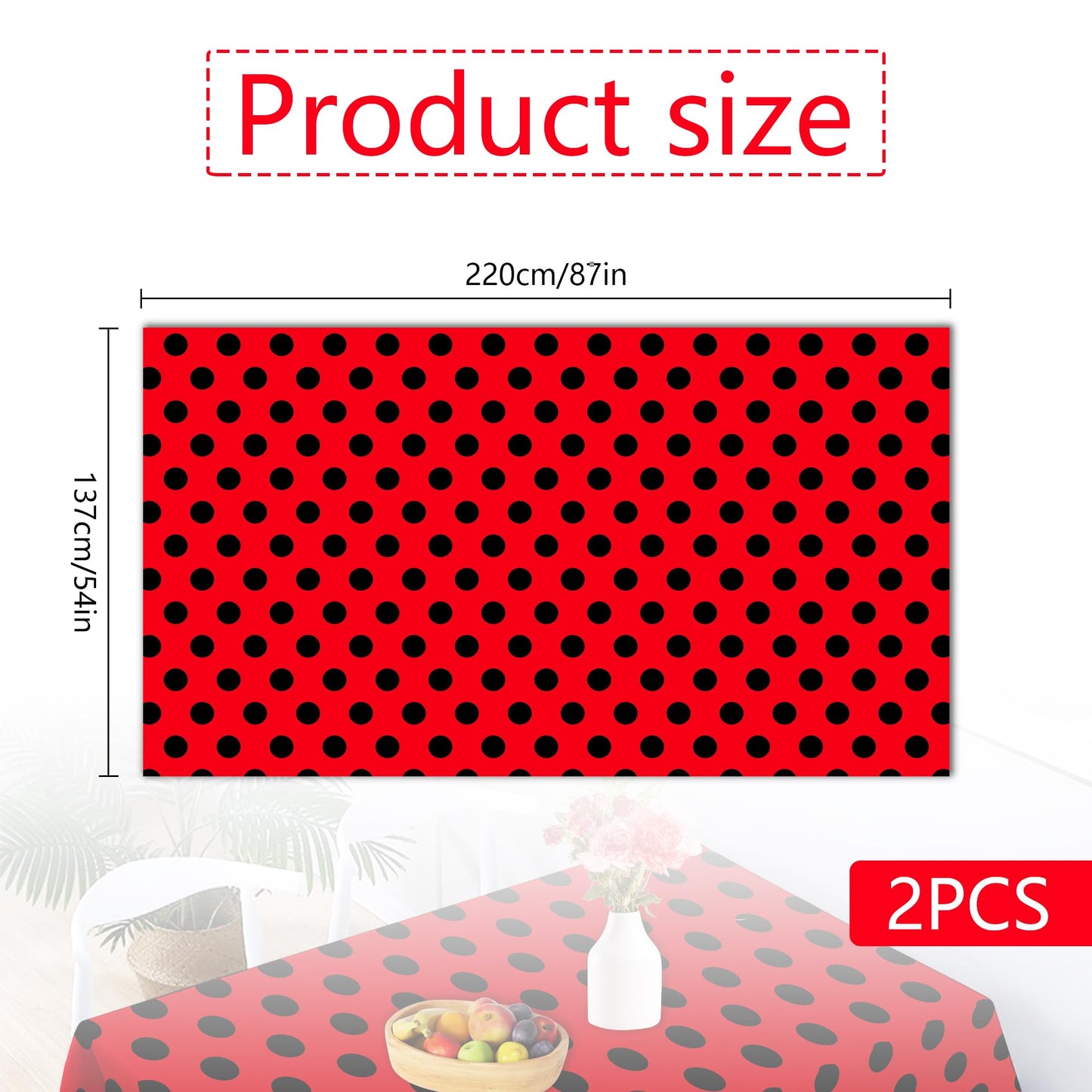 2 Pieces Ladybug Tablecover Ladybug Party Tablecloth, Little Ladybug Plastic Tablecloth Vintage Polka Dots Tablecloth Rectangular Black and Red