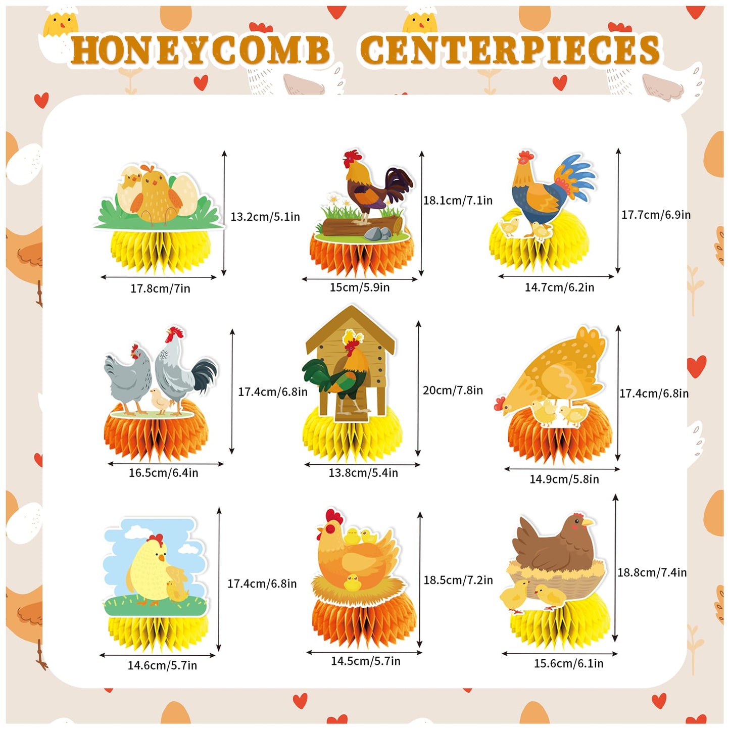 9 PCS Chicken Honeycomb Centerpieces Table Decorations Chicken Table Centerpieces for Chicken Party Supplies Chicken Birthday Party Decorations Farm
