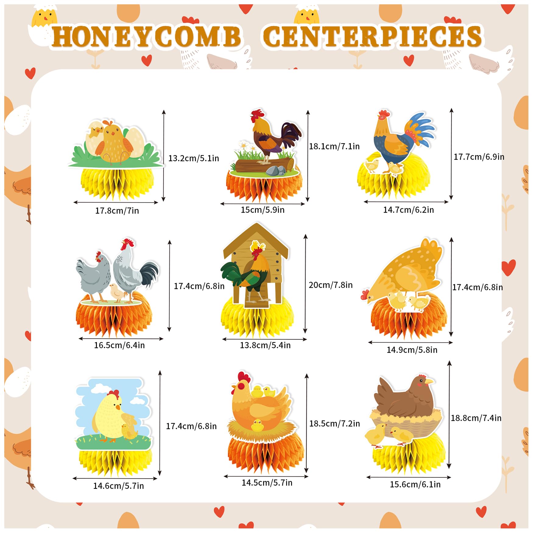 9 PCS Chicken Honeycomb Centerpieces Table Decorations Chicken Table Centerpieces for Chicken Party Supplies Chicken Birthday Party Decorations Farm