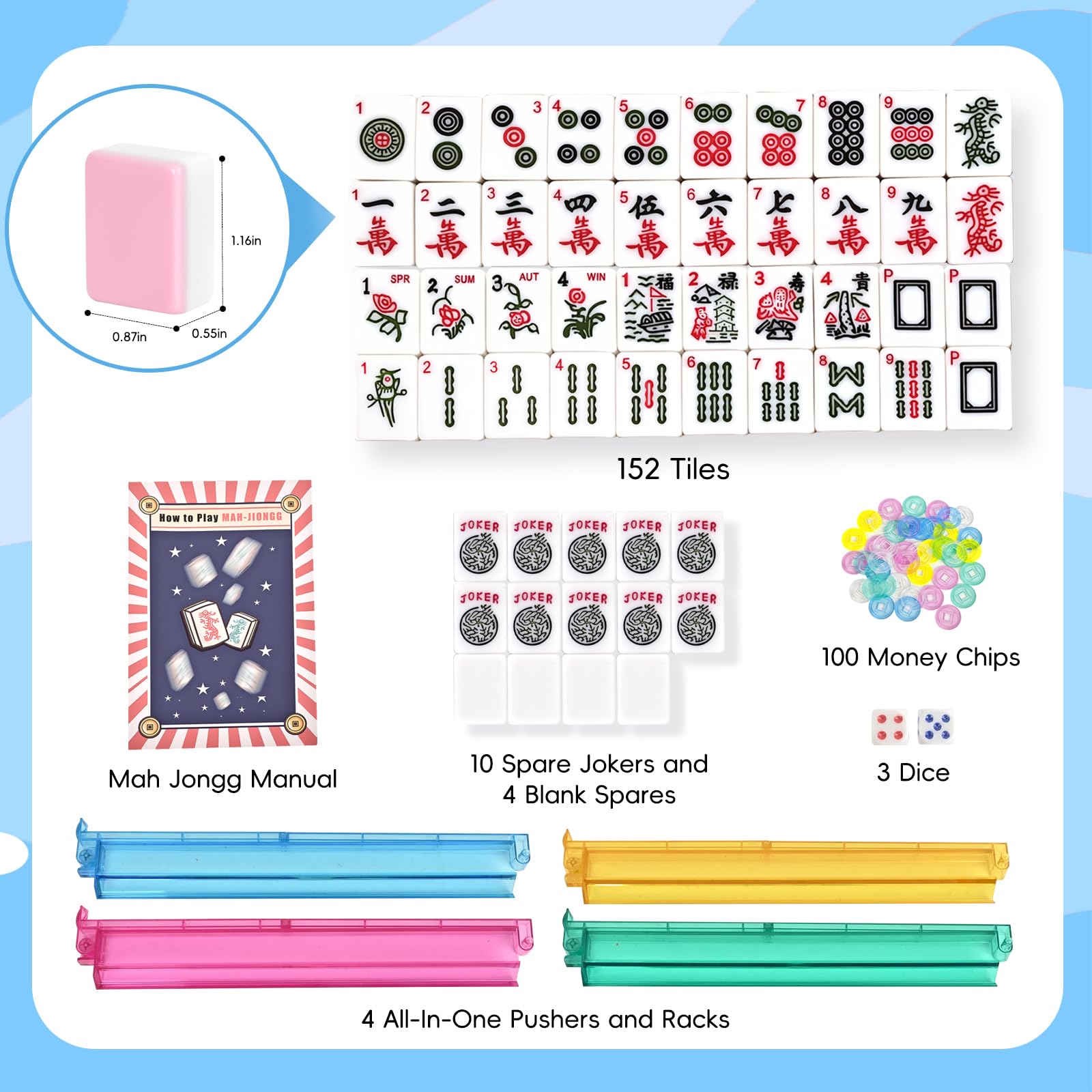 TheClouds American Mahjong Tile Set, 166 Pink Tiles (1.16"), 4 PC All-in-One Color Rack/Pushers, Canvas Storage Bag and Mahjong Accessories