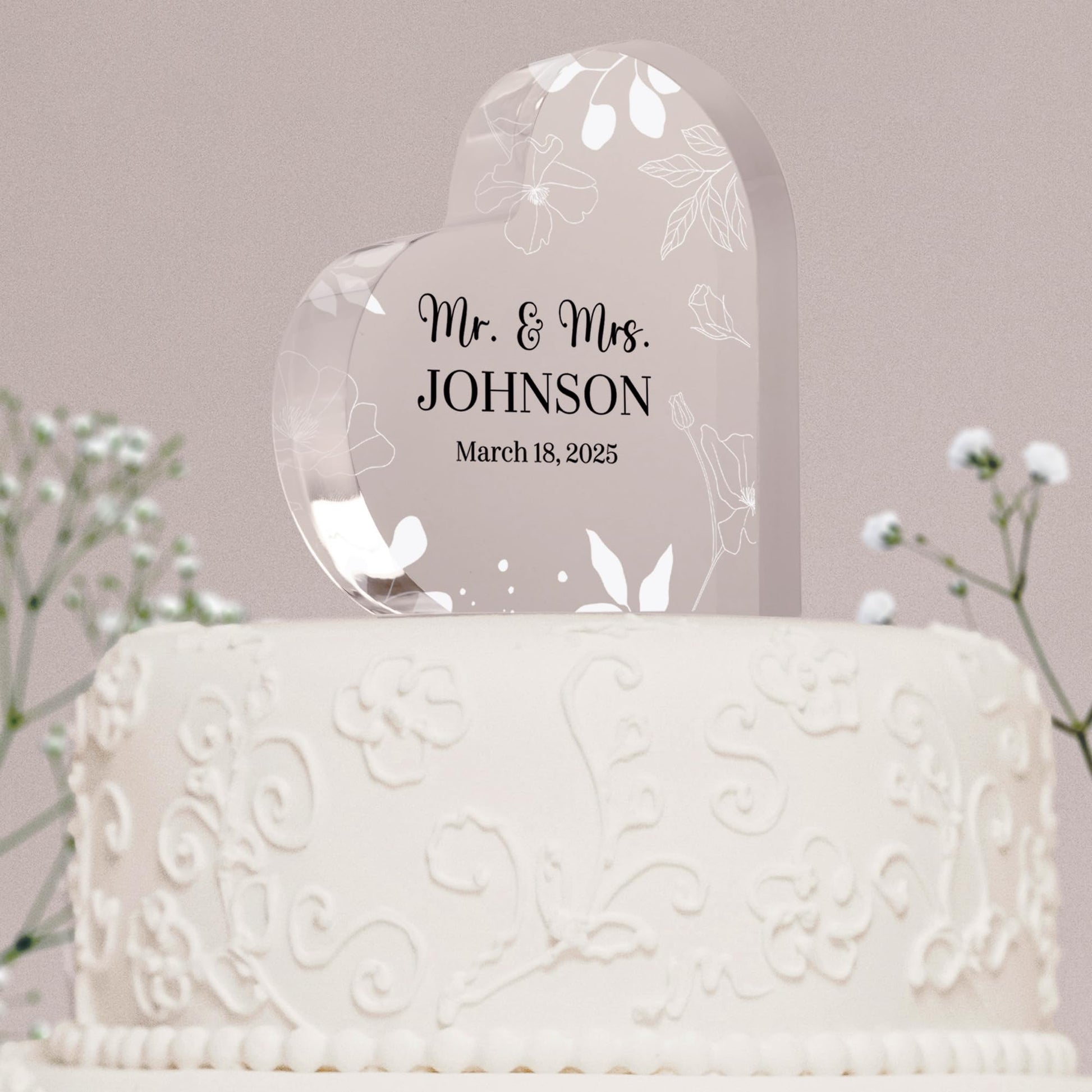 Personalized Wedding Heart Acrylic Block Mr & Mrs Cake Topper, Custom Wedding Keepsake Bride & Groom