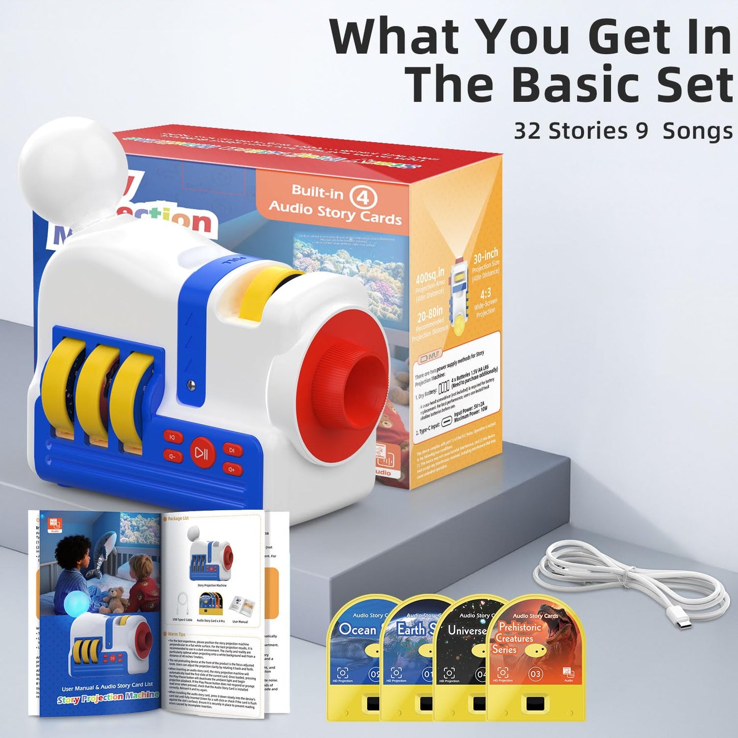 Kids Story Projector with 4 Science Cartridges, Bedtime Stories, Lullabies & Night Light, Storybook Player Machine, Educational Storytime Projector