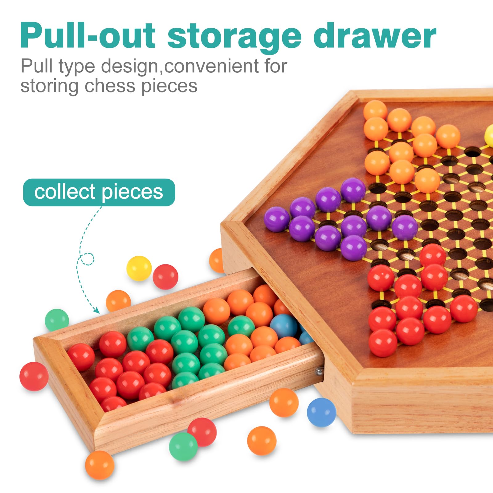HOLYKING 12.6" Wooden Chinese Checkers Board Game with Storage Drawer - 72 Acrylic Marbles (60+12 Spares), Classic Strategy Game for Family Night, 2-6
