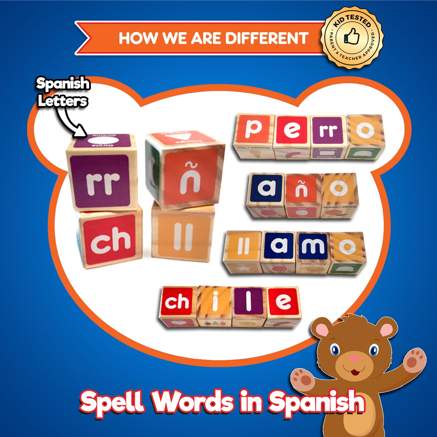 KIDS KORNER Alphabet Blocks Toys for Toddlers - Bilingual Educational Toys, Spanish Learning Toys, Stacking Toys with 30 Wooden Blocks and Toddler