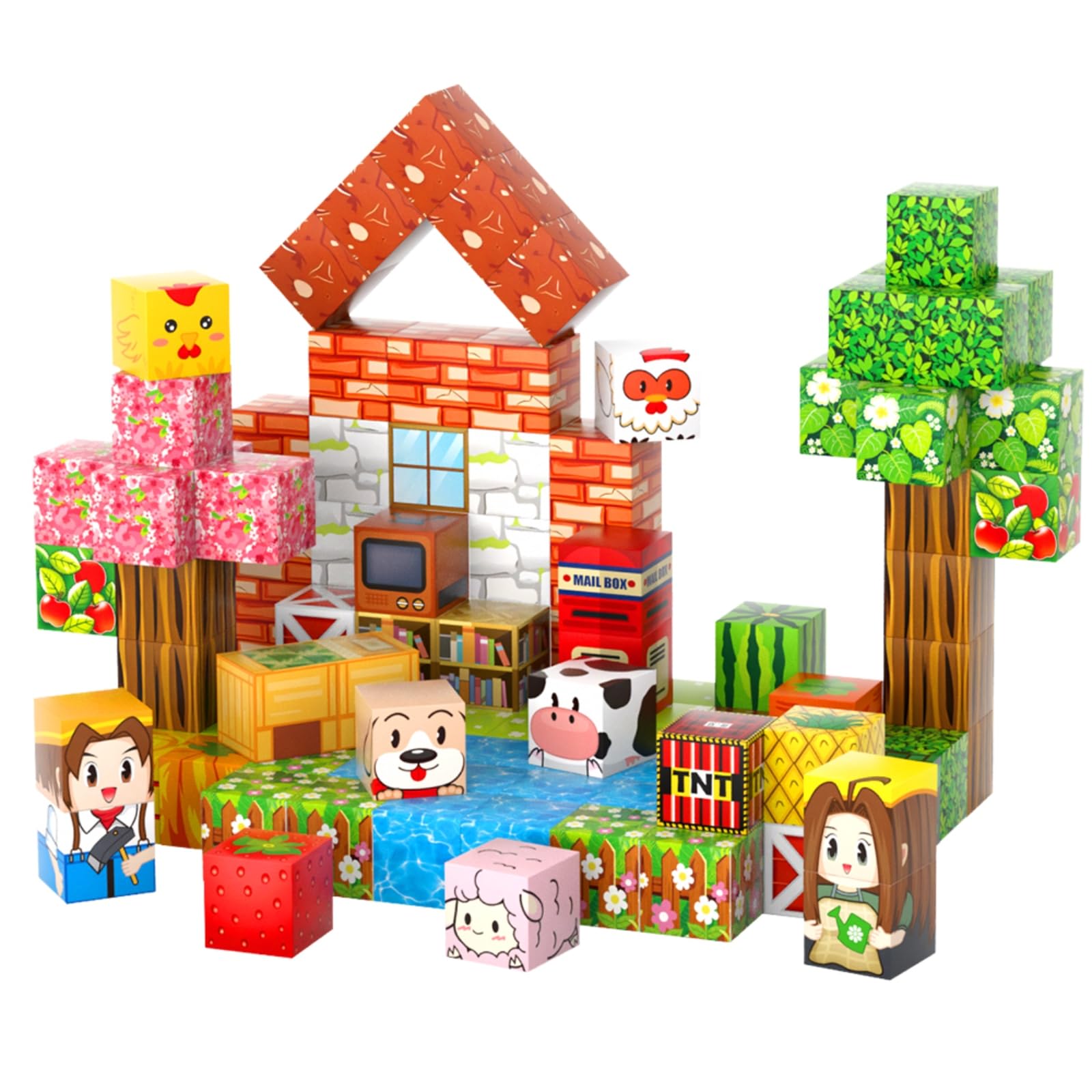 FXZYIXS Magnetic Blocks, 117-Piece 0.8in Building Farm Magnet Game Set, Stacking Building Blocks Cubes Magnets for Kids, STEM Sensory Creative Toys