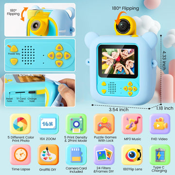Kids Camera Instant Print, 7 Print Paper (4 Color: O/R/G/B+3 B&W), 2.4" Screen Instant Camera for Kids Ages 3-12,1080P, 180°Flip Lens,32GB Card