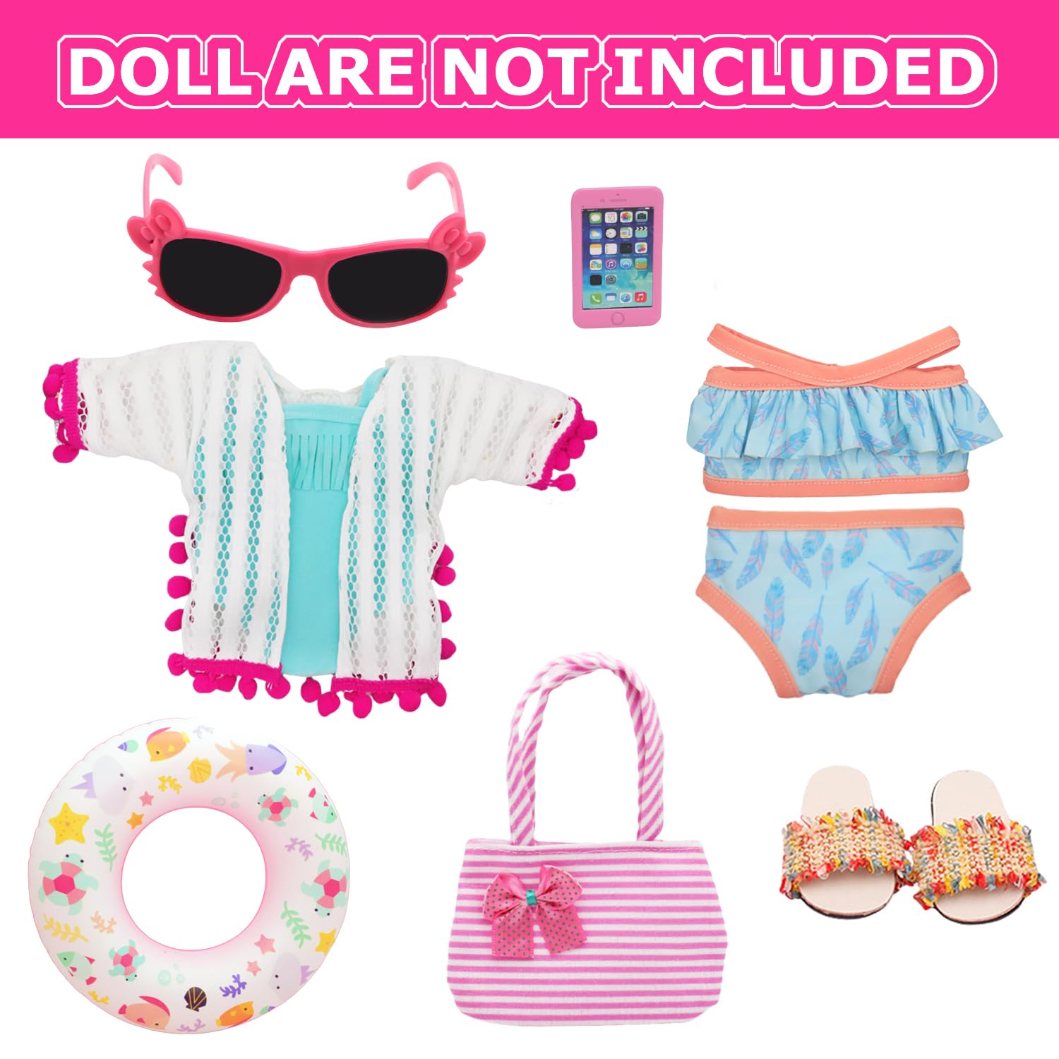 18 Inch American Doll Accessories, Fashion Doll Swimming Play Sets for American 18 Inch Girl Including Clothes Swimsuit Sunglasses Phone Shoes