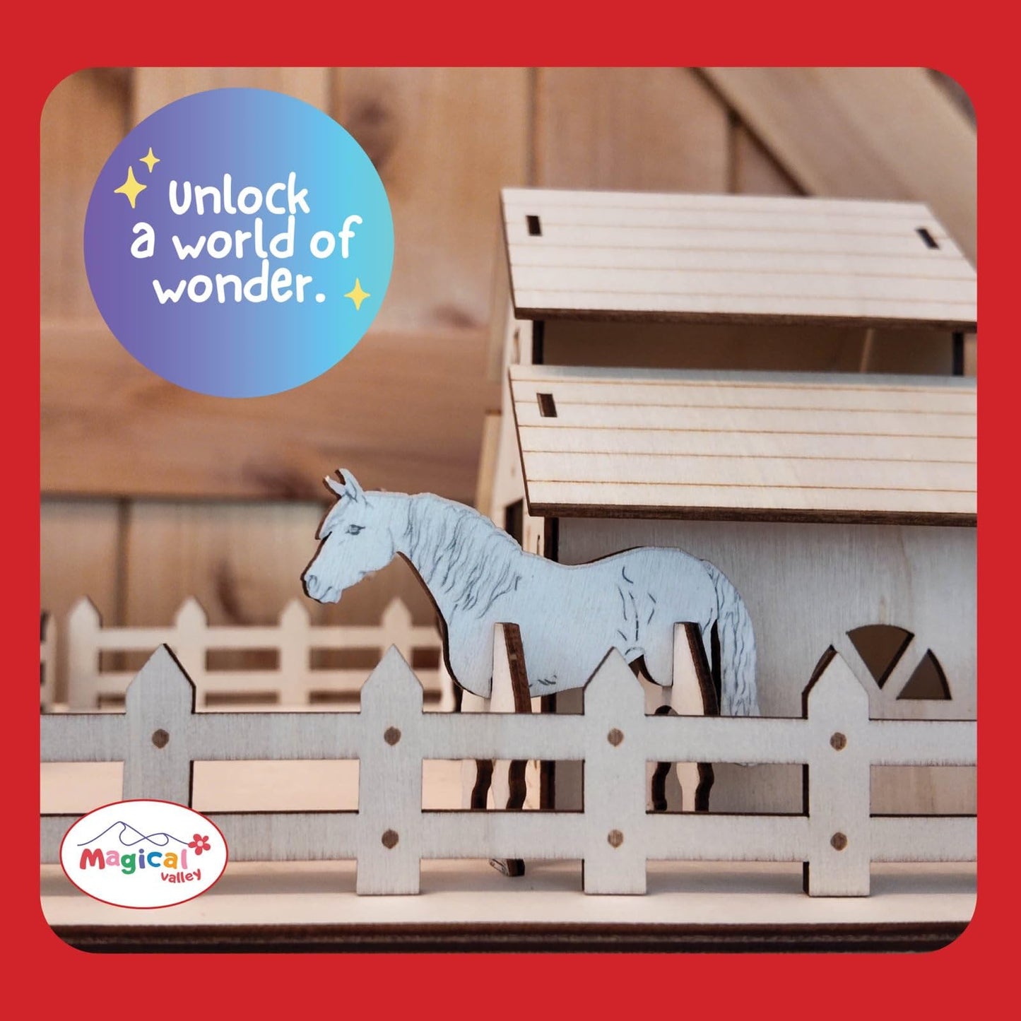 Magical Valley Horse Barn Craft Kit for Kids, DIY Wooden Barn Building Kit, Arts & Crafts for Kids, Horse Toys for Girls & Boys, Creative Activity