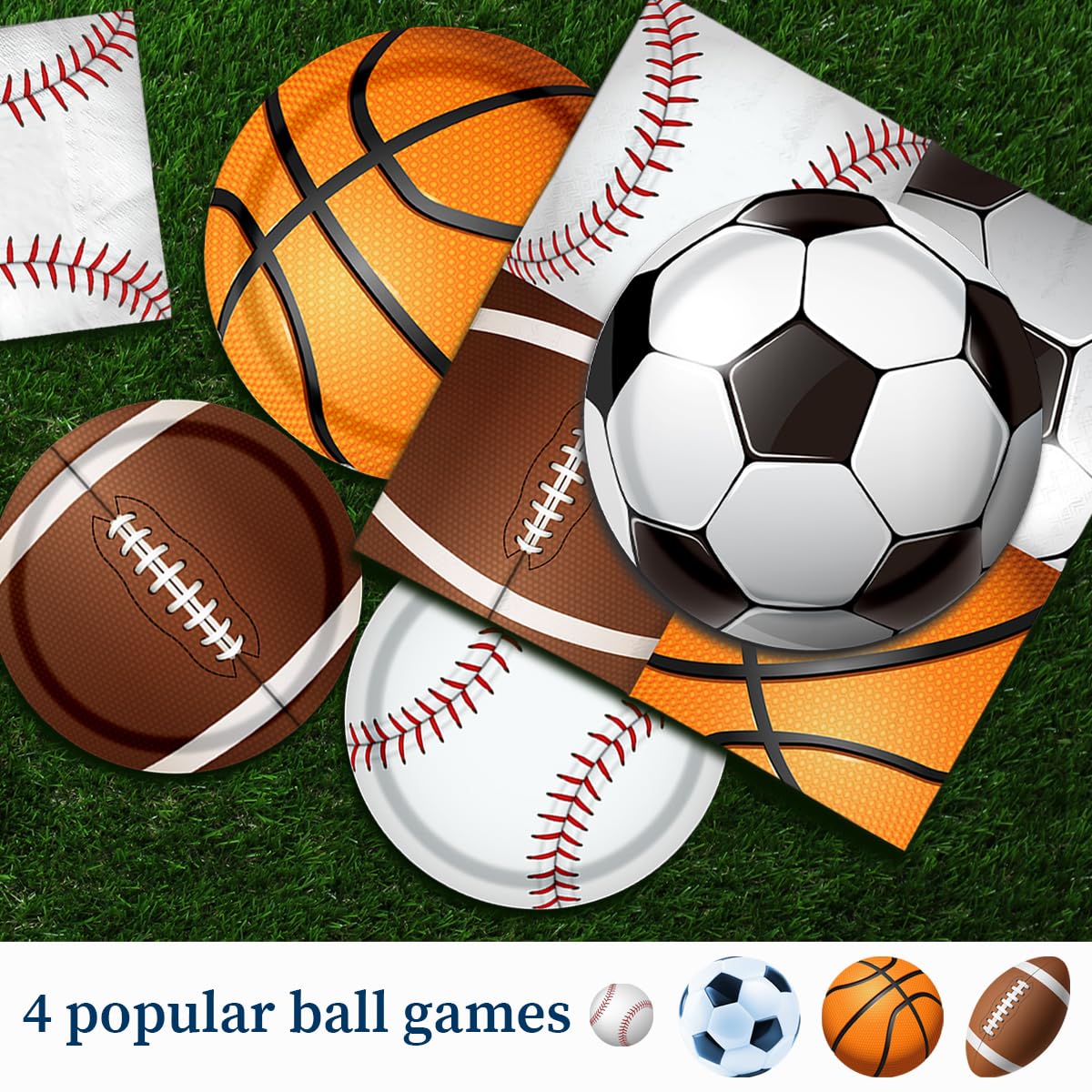 Sports Birthday Party Decorations-142Pcs Sports Theme Plates and Napkins Kit Basketball Football Baseball Soccer Tableware Serves 20 Guests