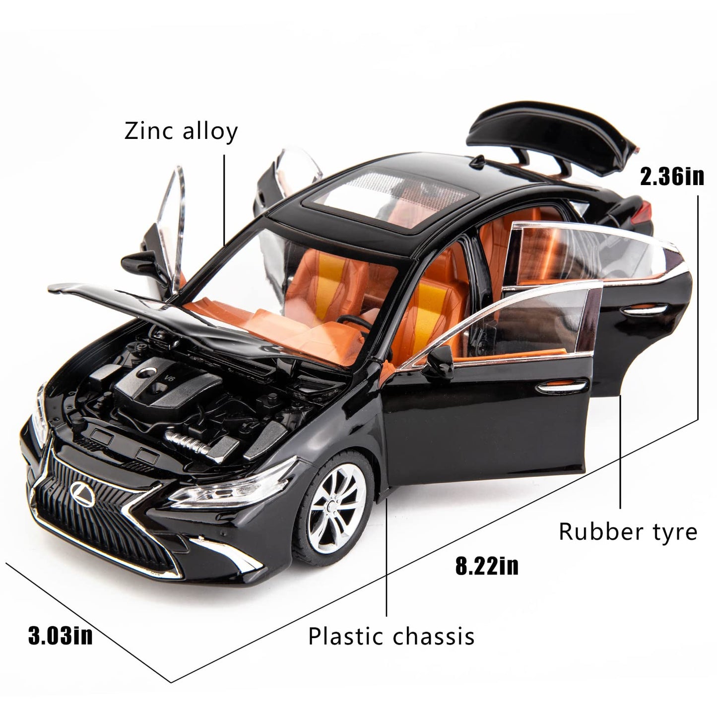 WAKAKAC 1/24 ES300 Diecast Car Model Alloy Collectible Pull Back Toy Car with Light and Sound Toy Vehicle for Boys Children Gift(Black)