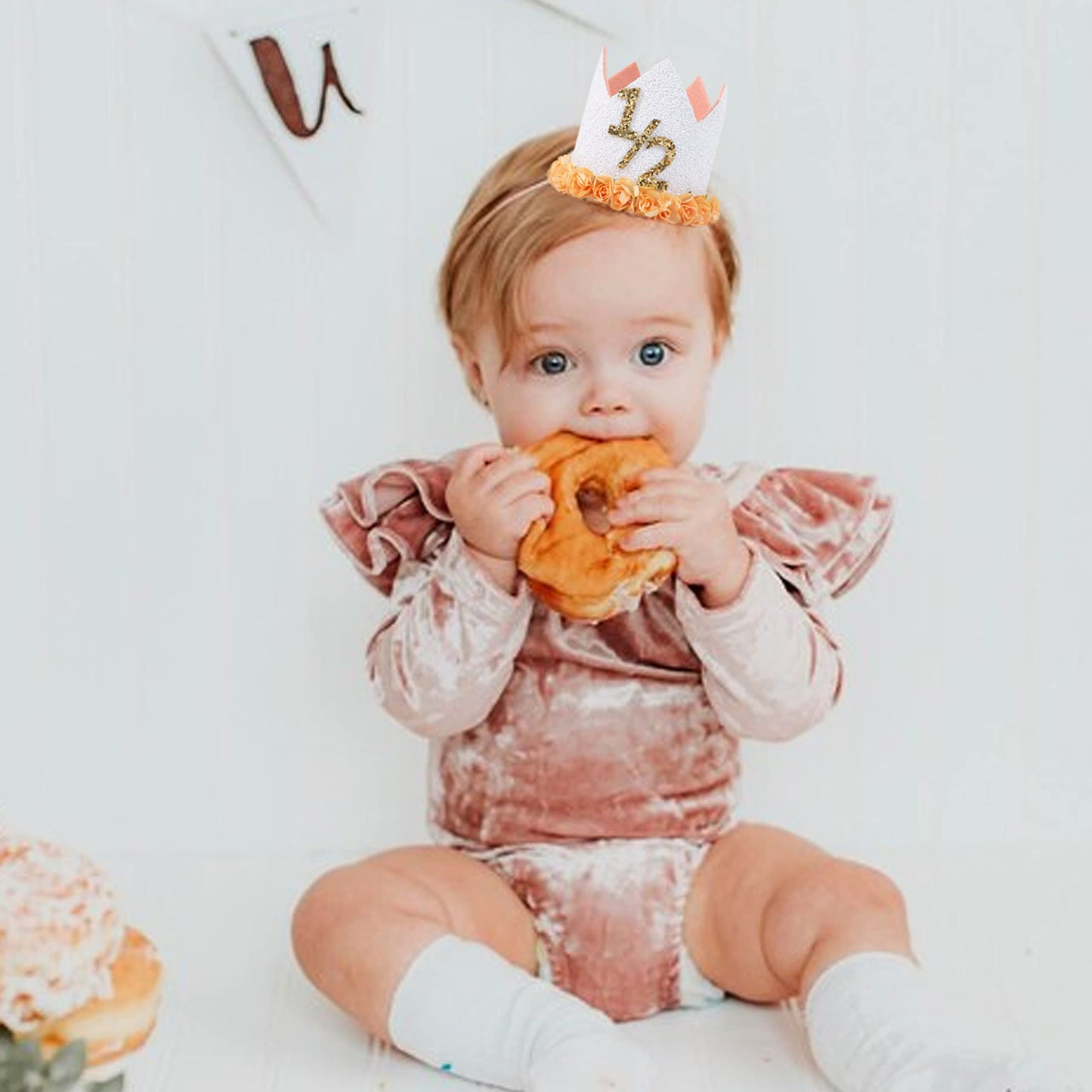 1/2 Birthday Flower Crown - 6 Months Party Hat, Cake Decor, Photography Prop for Boy/Girl in White