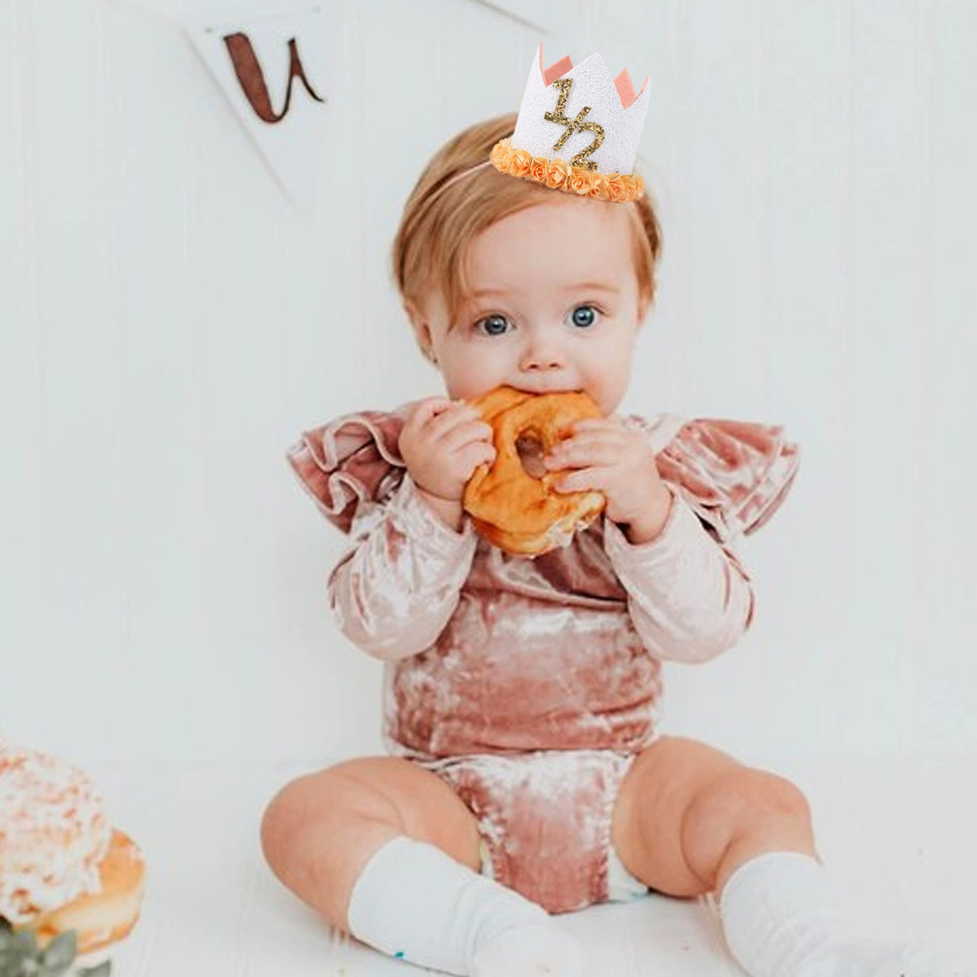 1/2 Birthday Flower Crown - 6 Months Party Hat, Cake Decor, Photography Prop for Boy/Girl in White