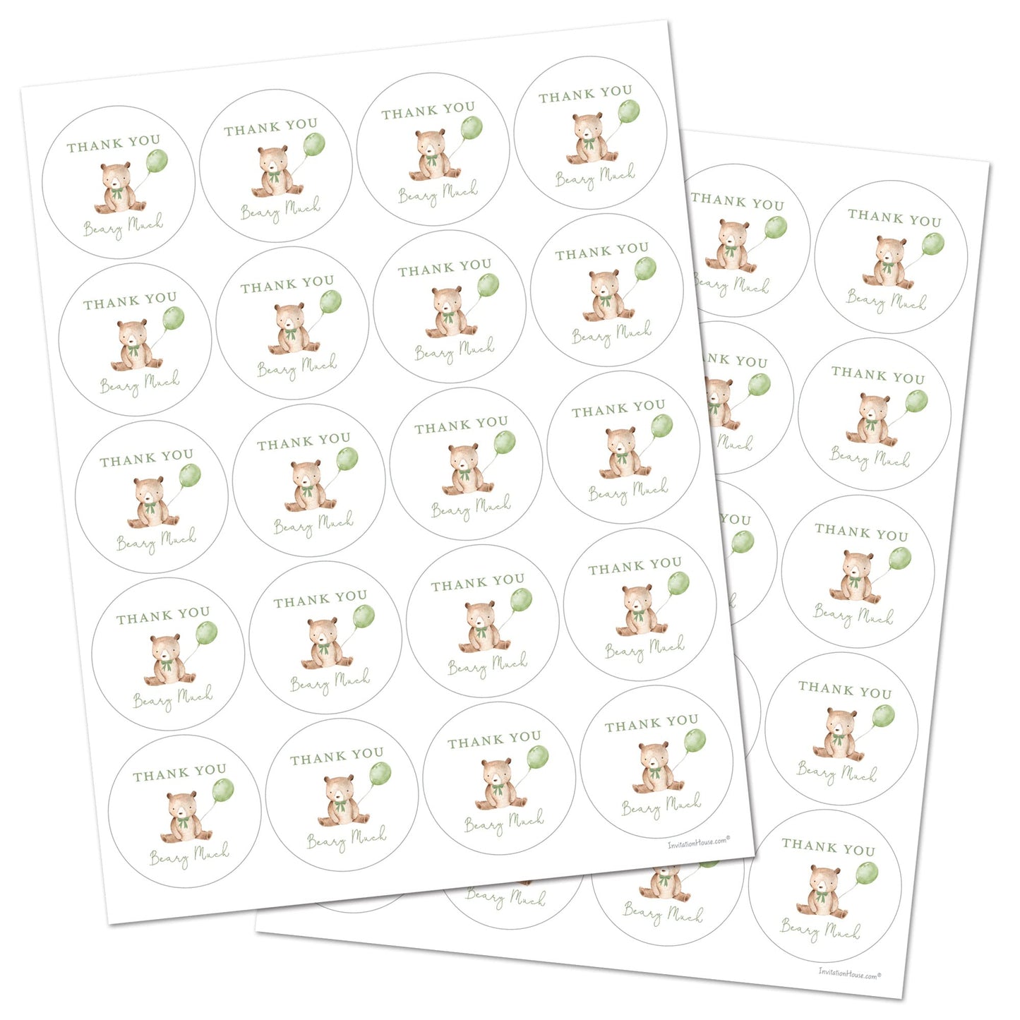2"" Round Bear Balloon Baby Shower Thank You Beary Much Favor Stickers - Set of 40 (Green Balloon)