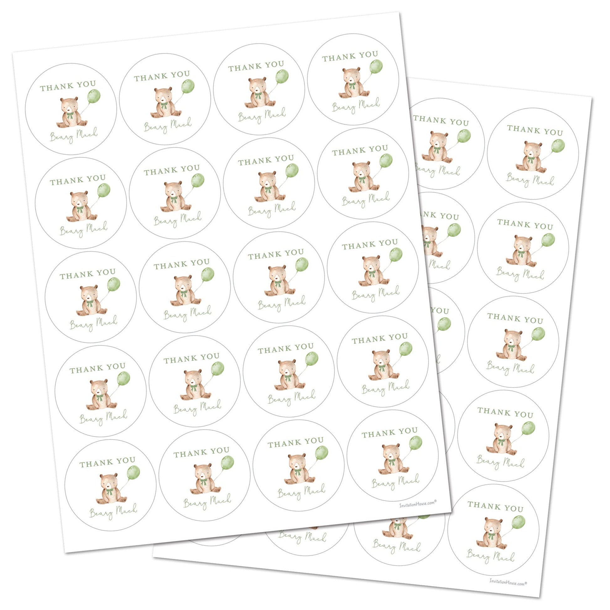 2"" Round Bear Balloon Baby Shower Thank You Beary Much Favor Stickers - Set of 40 (Green Balloon)