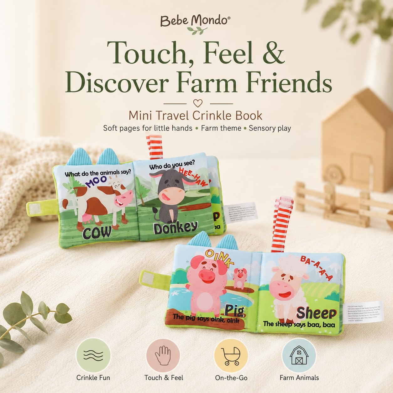 Bebe Mondo Touch & Feel Cloth Crinkle Books for Babies Infant,Baby Books Toys 0-3-6-12-18 Months,Christmas Shower Baby Gifts,High