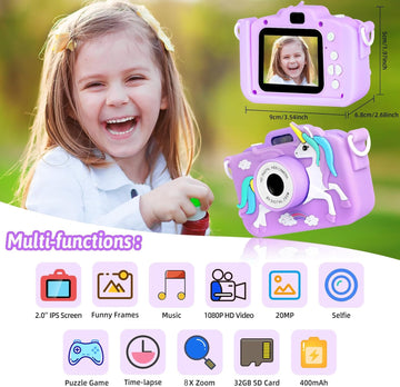 Unicorn Camera for Kids - Toddler Digital Selfie Camera with Silicone Cover, Flash and 32GB SD Card - Children Toy HD Video Kids Camera for Girls and
