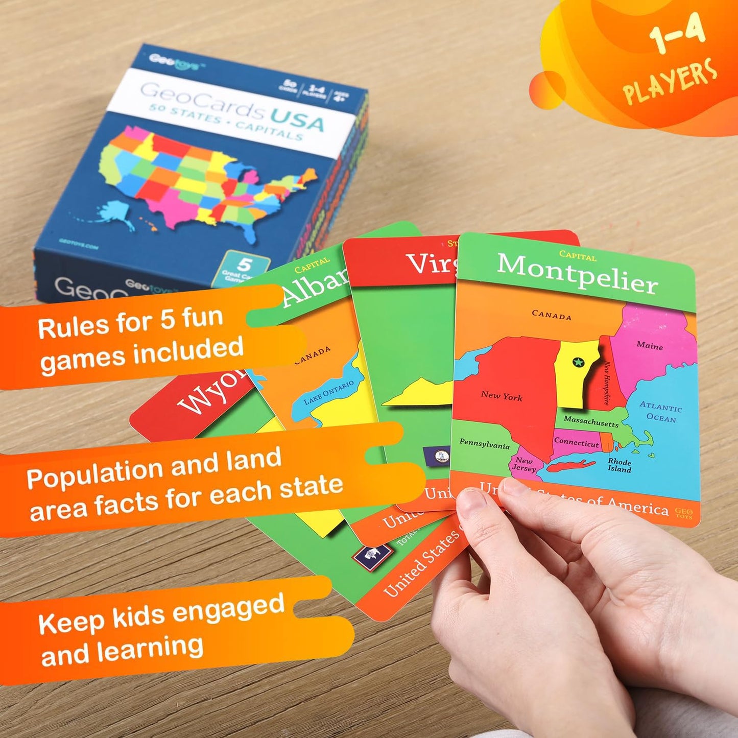 GeoCards USA Flashcards, States and Capitals, Geography Games for Ages 4+