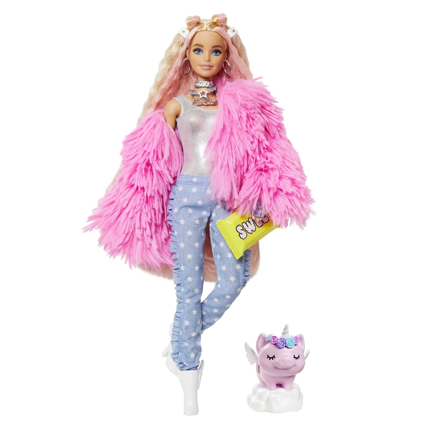 Barbie Extra Doll & Accessories with Pink-Streaked Blonde Crimped Hair in Fluffy Pink Coat with Pet Unicorn-Pig