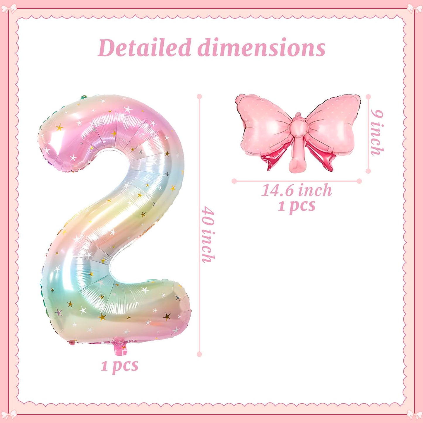 Number 2 40 Inch Rainbow Star Gradient Giant Number Balloon & Mini Bow Balloon Foil Mylar Number Balloons Children's Birthday Girl Party Anniversary