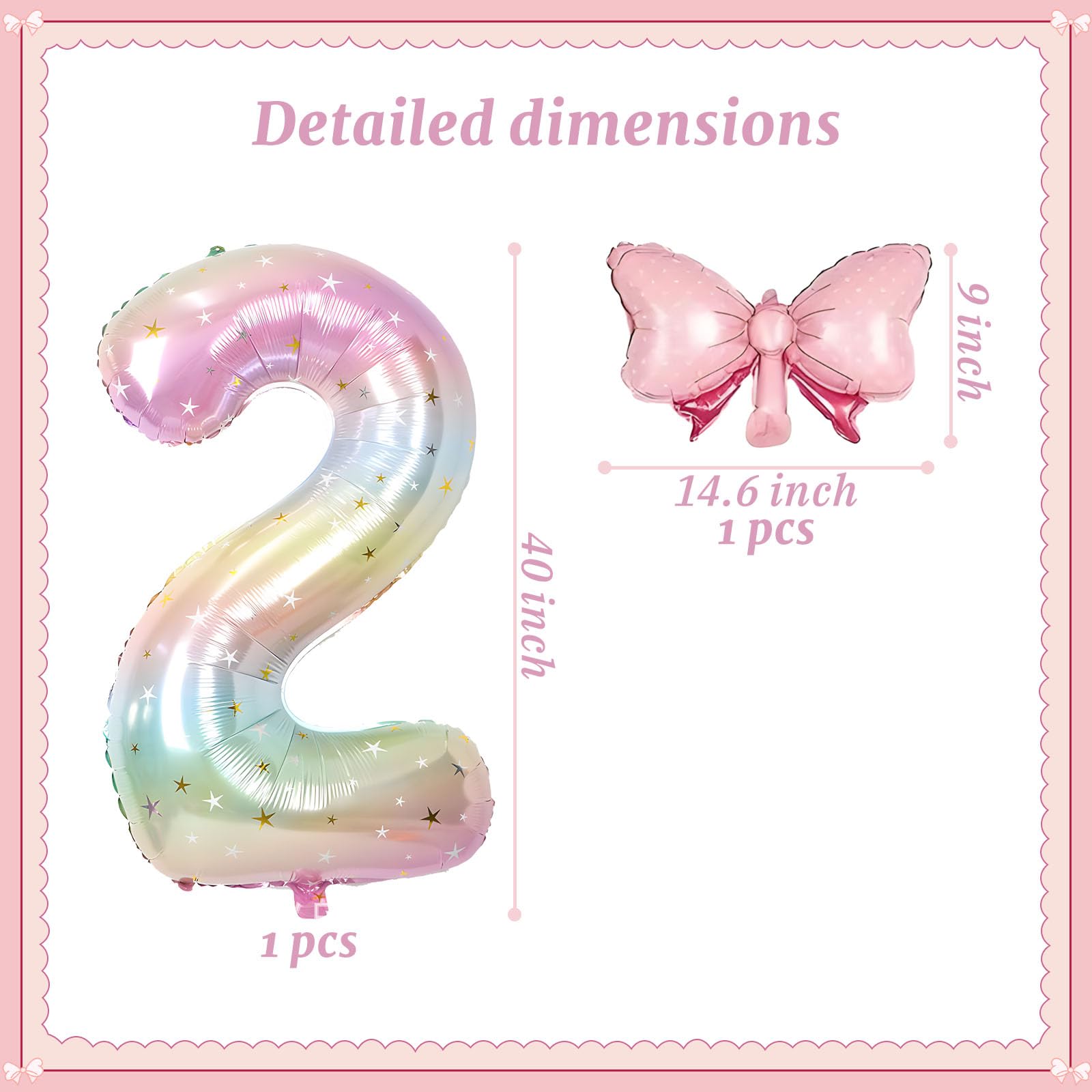 Number 2 40 Inch Rainbow Star Gradient Giant Number Balloon & Mini Bow Balloon Foil Mylar Number Balloons Children's Birthday Girl Party Anniversary