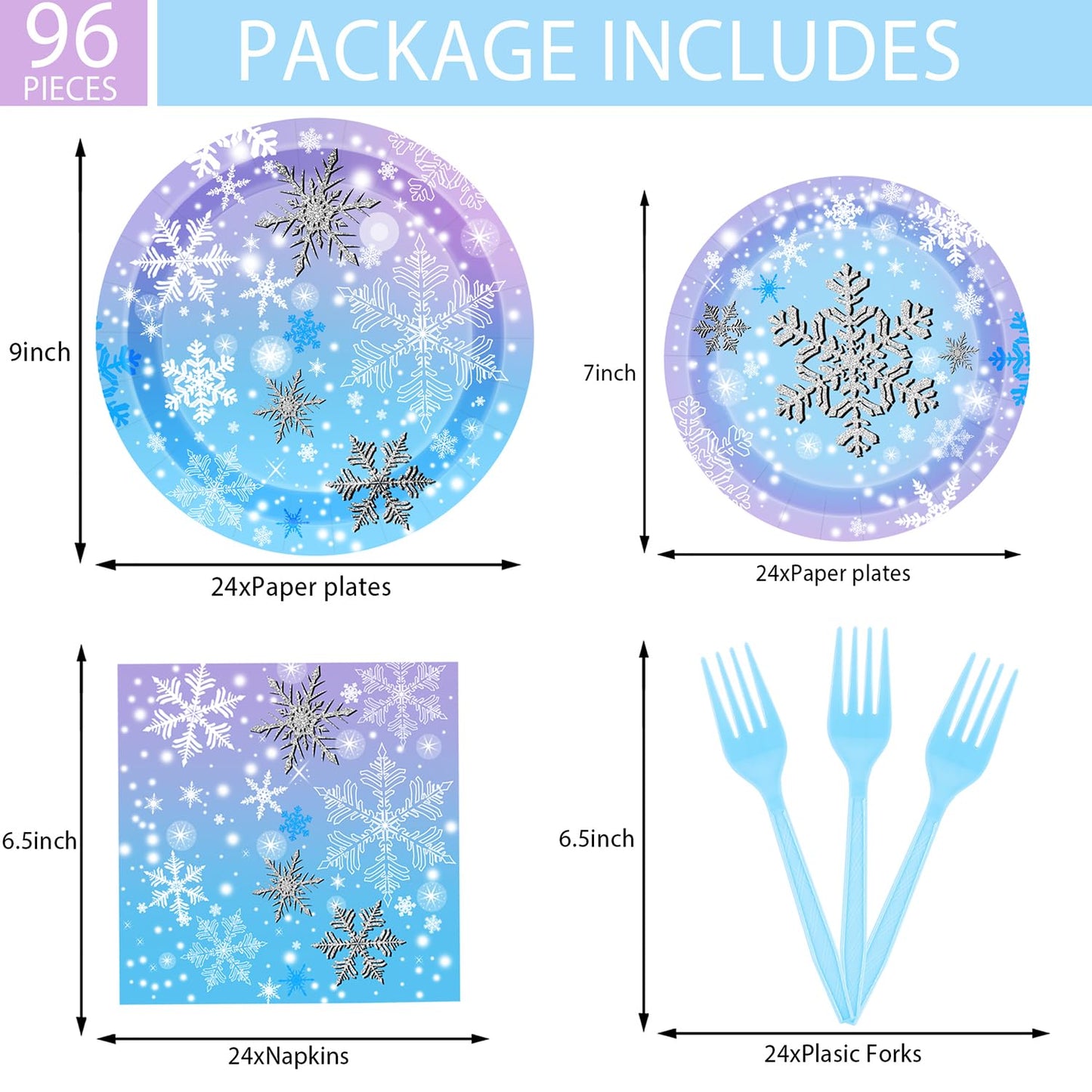 Winter Snowflake Birthday Party Supplies 96 PCS Christmas Snowflake Paper Plates and Napkins Forks Disposable Tableware Set for Christmas Winter