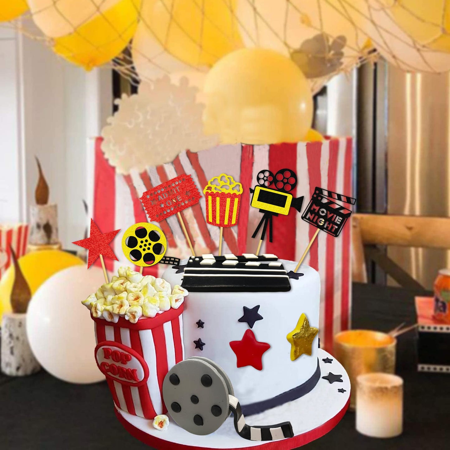 12 PCS Cake Topper Glitter Cupcake Toppers Picks Movie Night Birthday Party Decoration for Movie Theme Birthday Party Baby Shower Supplies