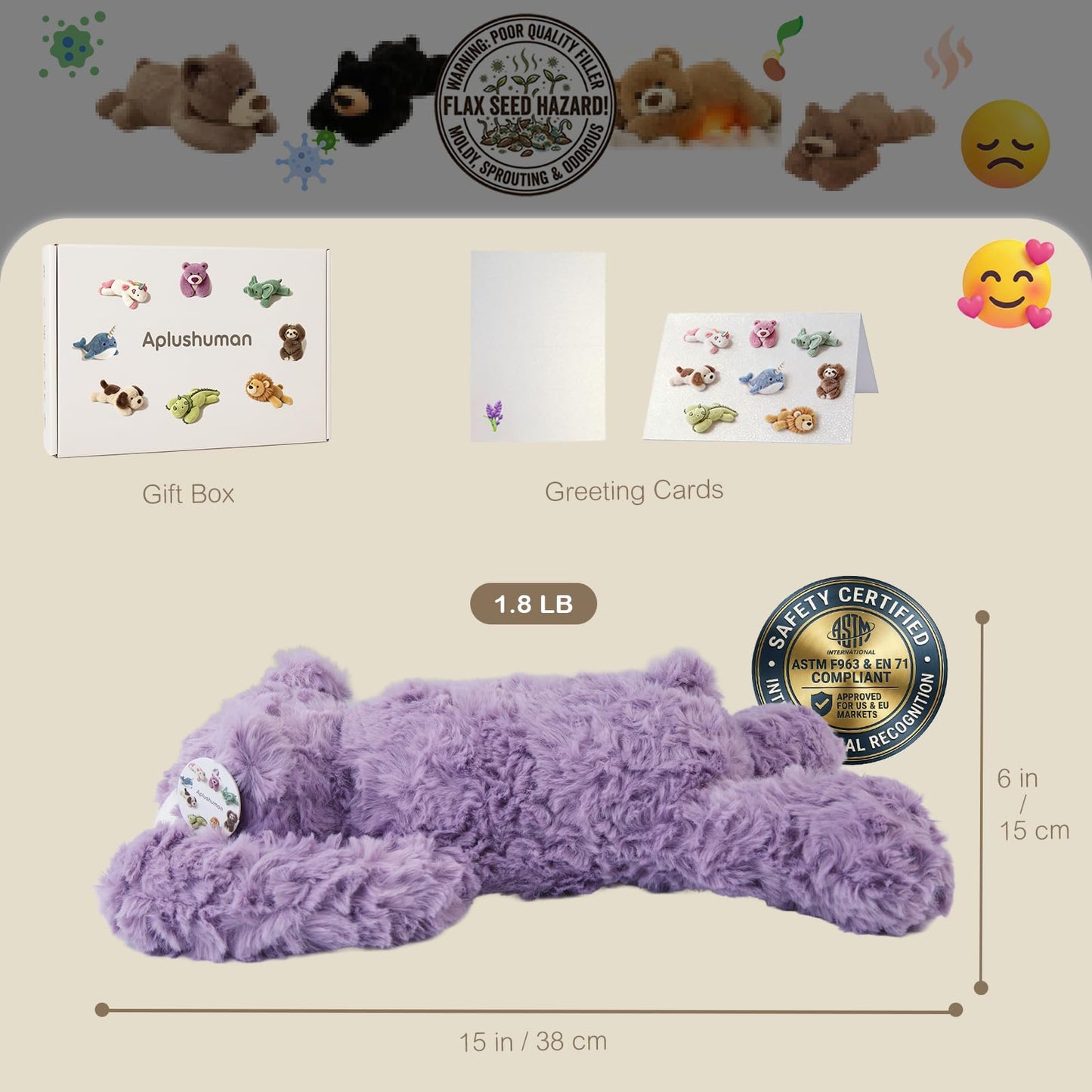 1.8 LB Microwavable Purple Bear Weighted Stuffed Animal with Gift Box