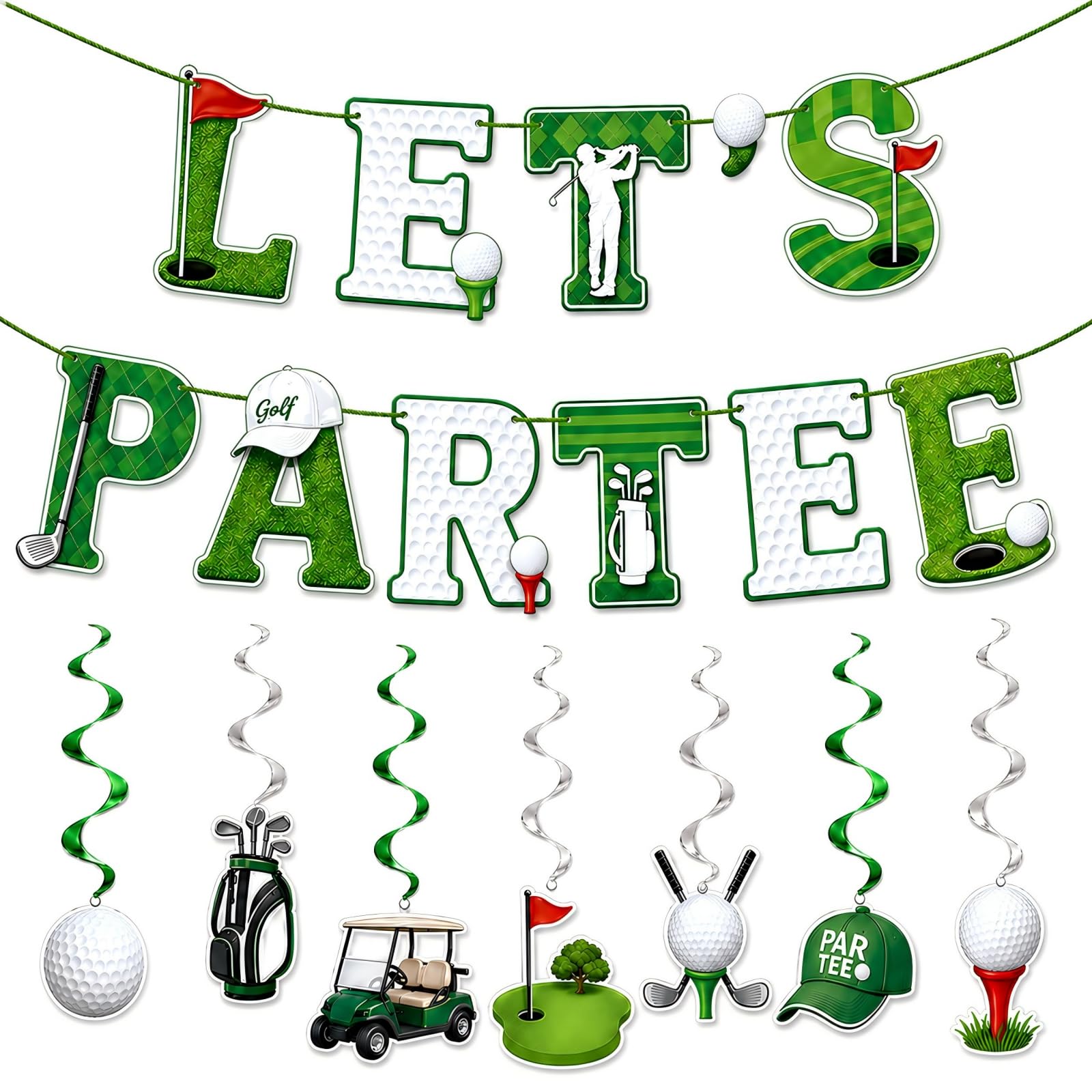 Golf Birthday Decorations - Golf Birthday Banner and 6 Hanging Swirls