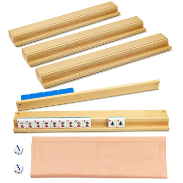 apinud Mahjong Racks with Magnetic Pushers for American Mahjong, 17.3 Inch Wooden Tile Holder Set of 4, Adult Card Game Accessories with Dice