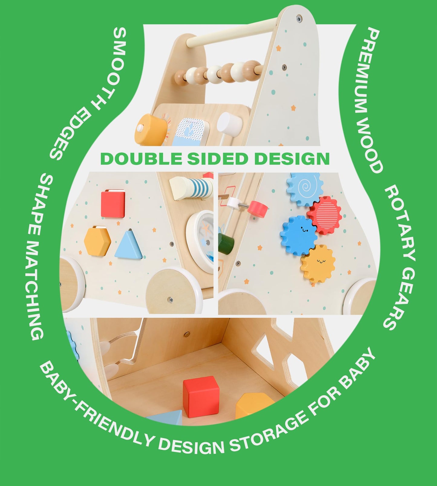 KizKnows Wooden Baby Walker Toddler Push Walker with Activity Center