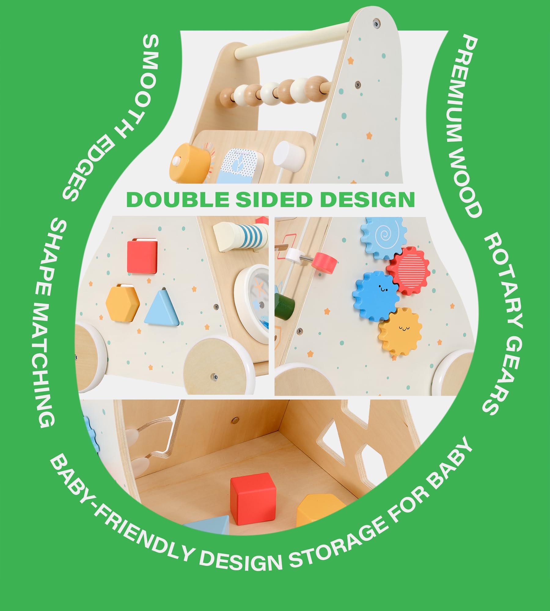 KizKnows Wooden Baby Walker Toddler Push Walker with Activity Center