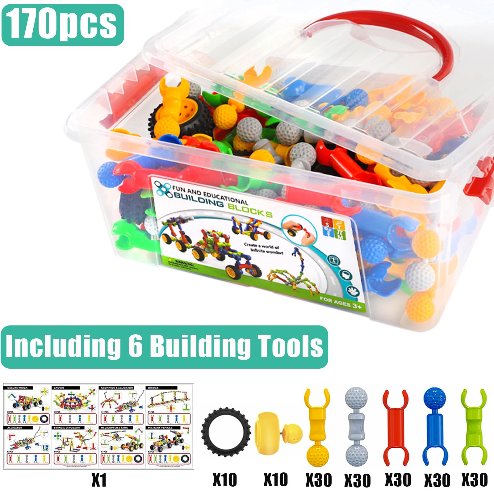 170 Pcs STEM Building Toys for Kids Ages 4-8, Building Blocks Educational Construction Engineering Building Kit for Ages 3 4 5 6 7 8 9 Year Old