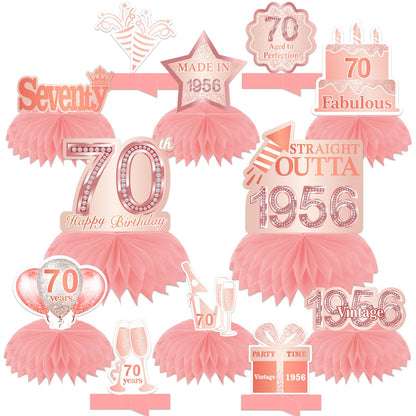 Happy 70th Birthday Rose Gold Table Honeycomb Centerpieces Balloons Theme Decor Table Decorations Table Toppers for Girls Women Sweet Princess 70