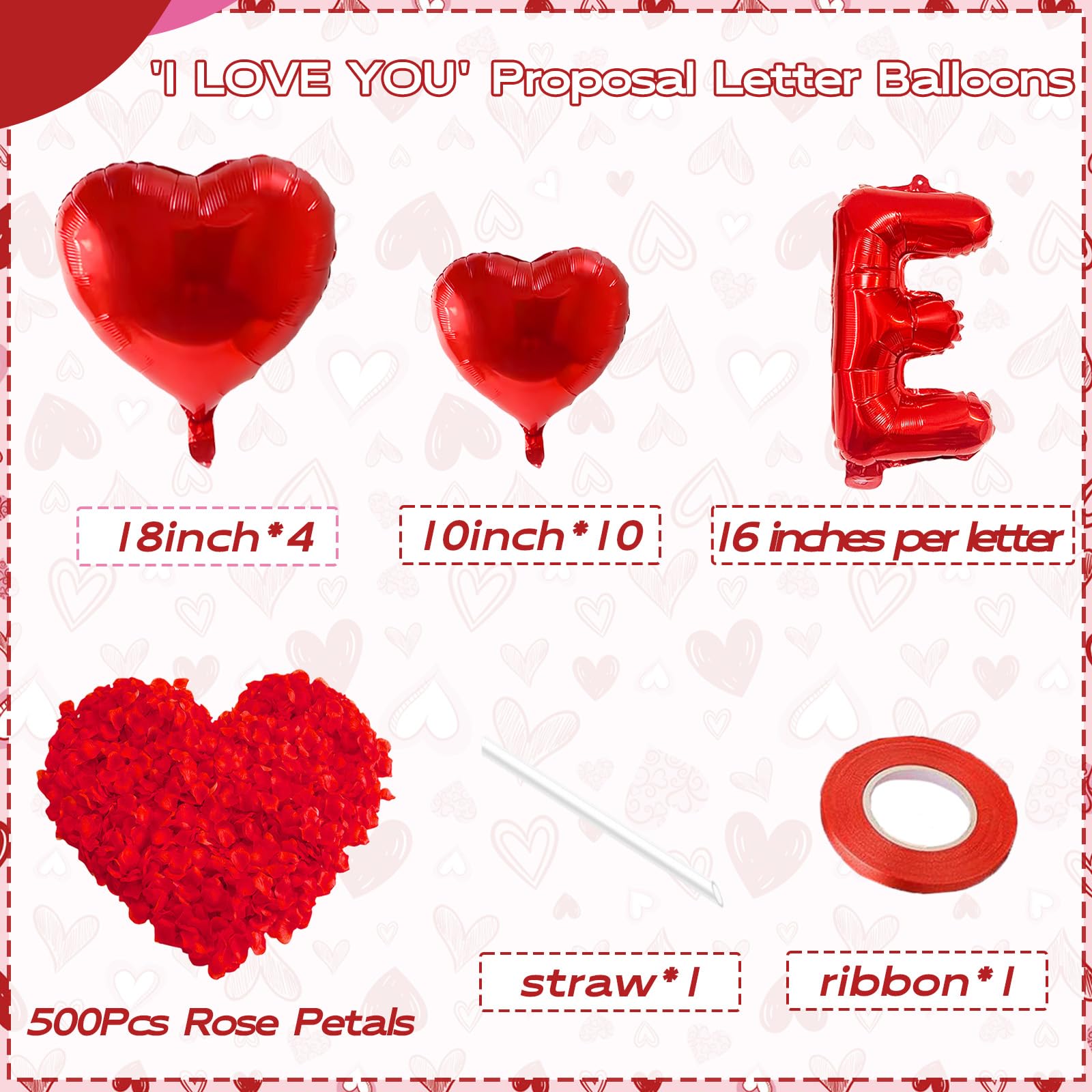 I Love You Balloons and Heart Balloons with 500 Pieces Rose Petals, Foil Mylar Love Balloon for Him/Her Wedding Anniversary Engagement Valentine Day