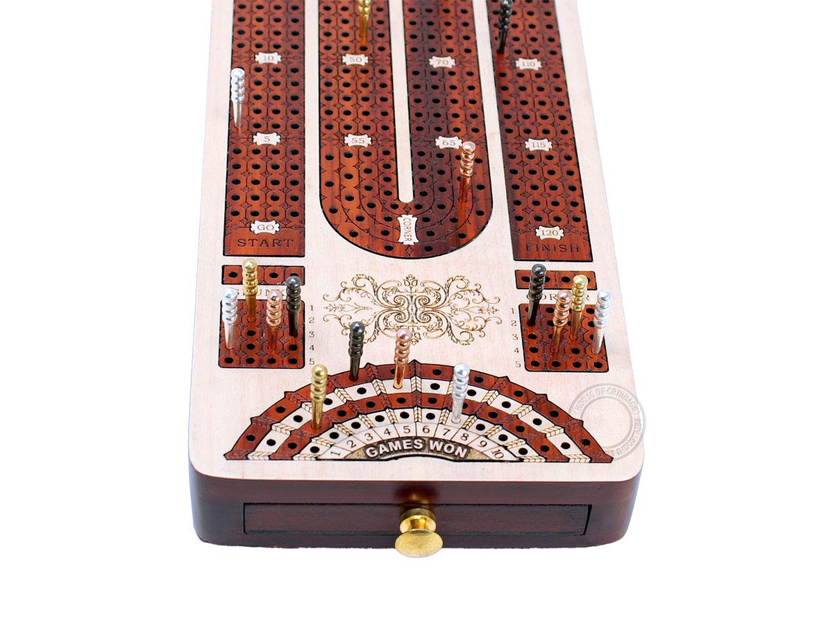 House of Cribbage - 4 Track Continuous Cribbage Board Inlaid in Bloodwood - Size: 13.5 Inches - Storage Drawer for Cribbage Pegs and Score Marking