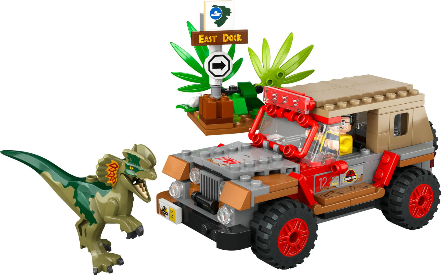 LEGO 76958 Jurassic Park Dilophosaurus Ambush Dinosaur Toy Set with Figure and Jeep for Children from 6 Years