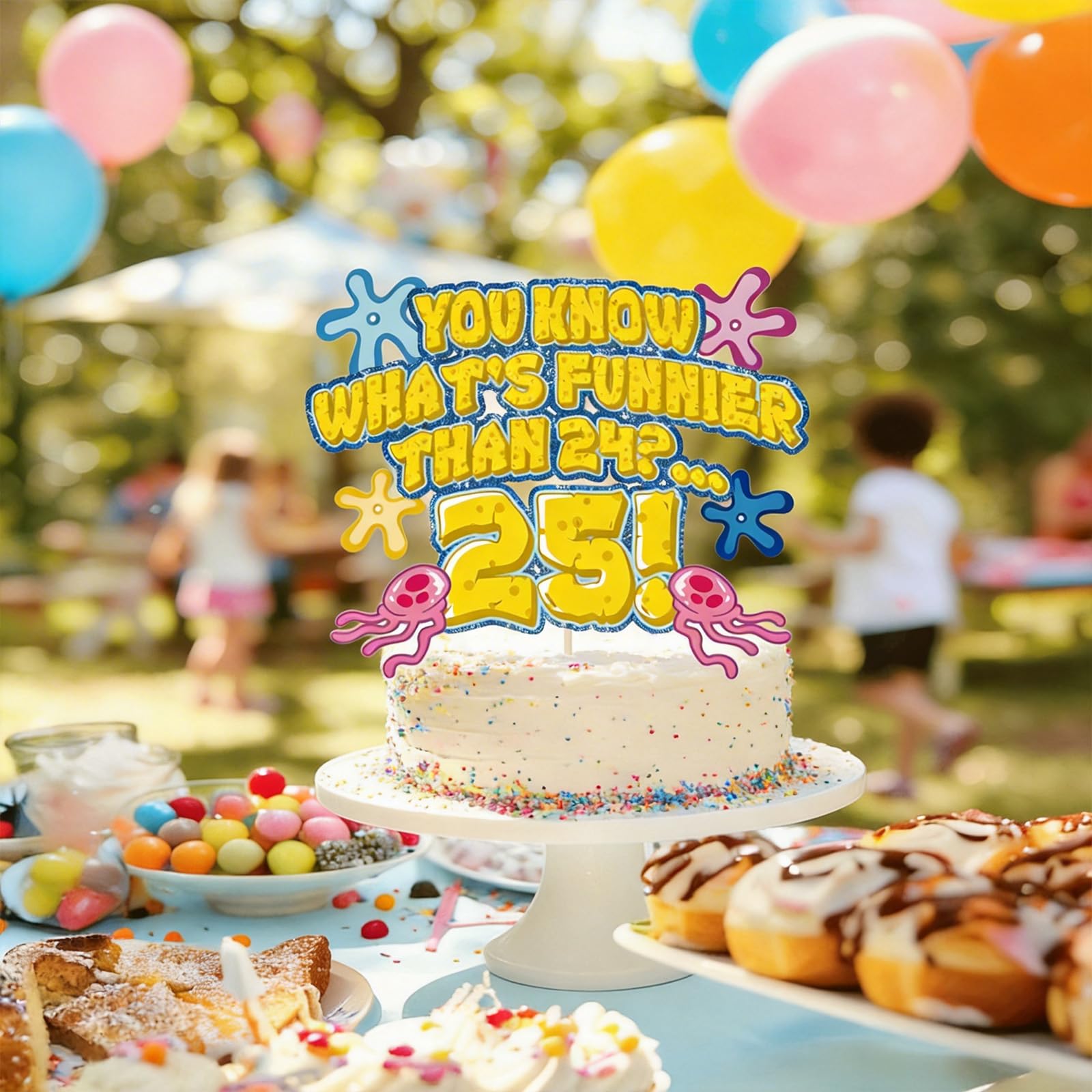 Whats Funnier Than 24 25 Cake Topper, Yellow Sponge 25th Birthday Cake Decor, Single Sided Glitter Cardstock with Acrylic Stick, Funny 25th Birthday