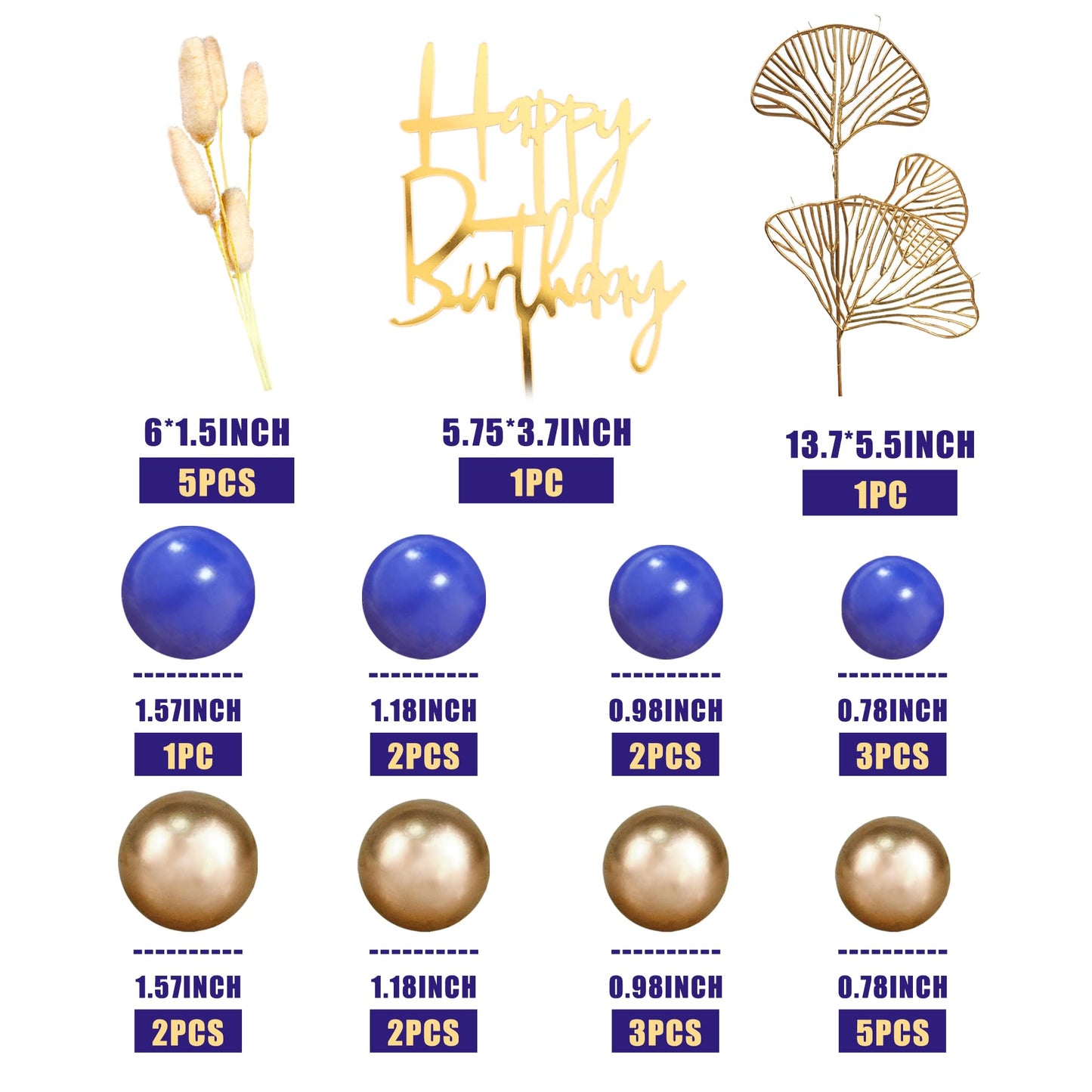 Boho Cake Topper Gold Blue Balls Cake Decorations Palm Leaves Boho Grass for Wedding Birthday (03)