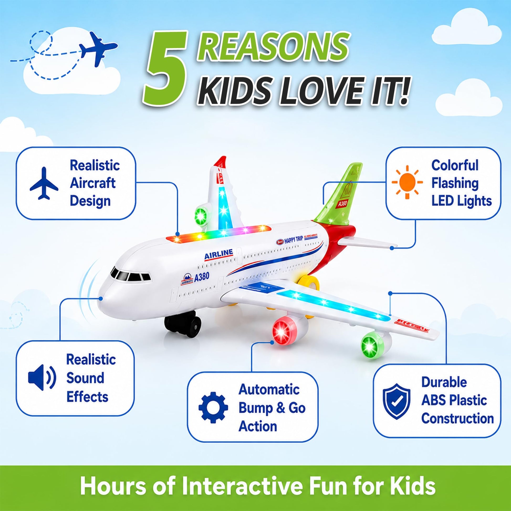 Toysery Airbus A380 Bump and Go Airplane Toy, Lights & Sounds, Ages 3-12