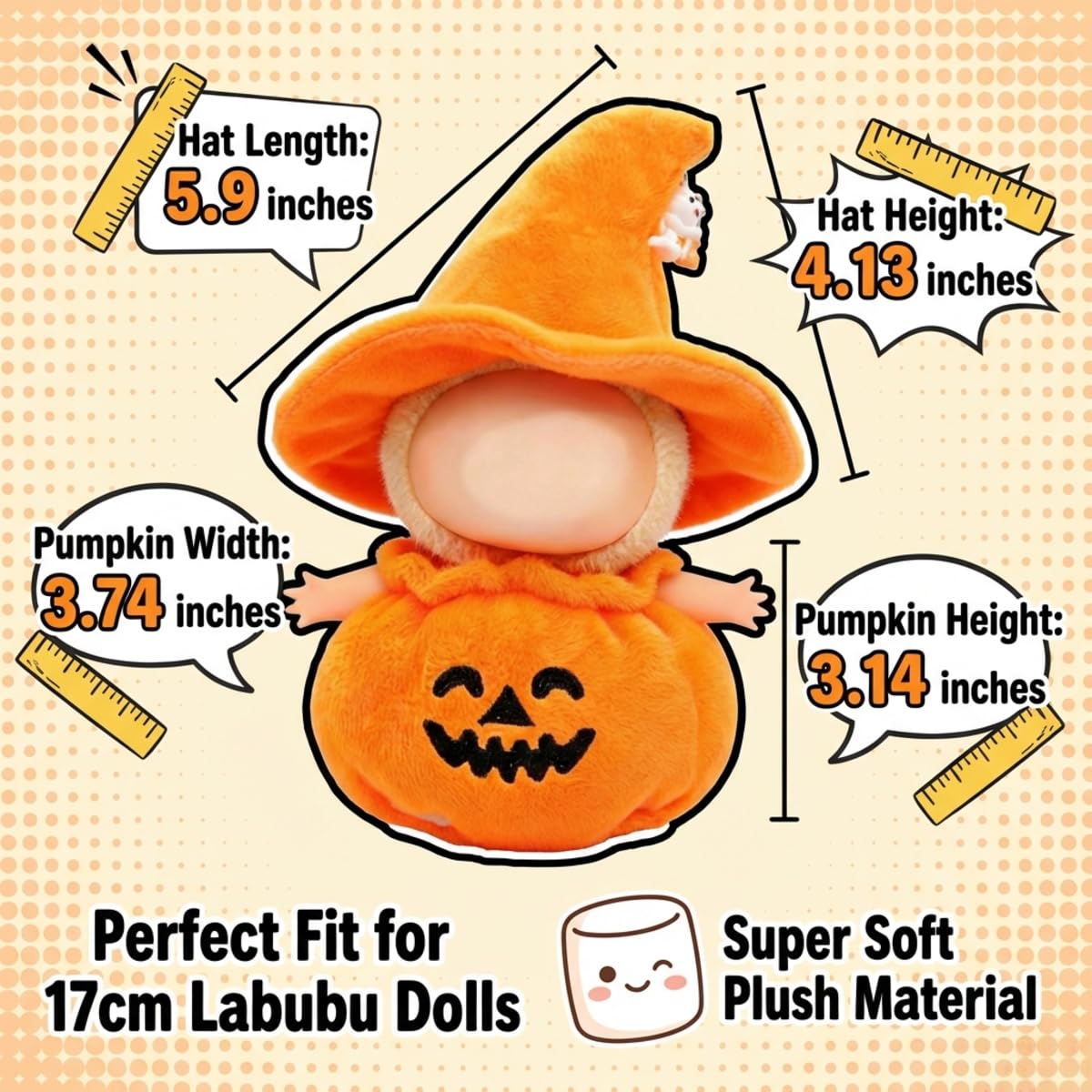 Doll Clothes for 17cm Doll, Premium Handmade Special Style 2 Piece Set Including Pumpkin Outfit and Witch Hat for Halloween Dressed High-End Dolls